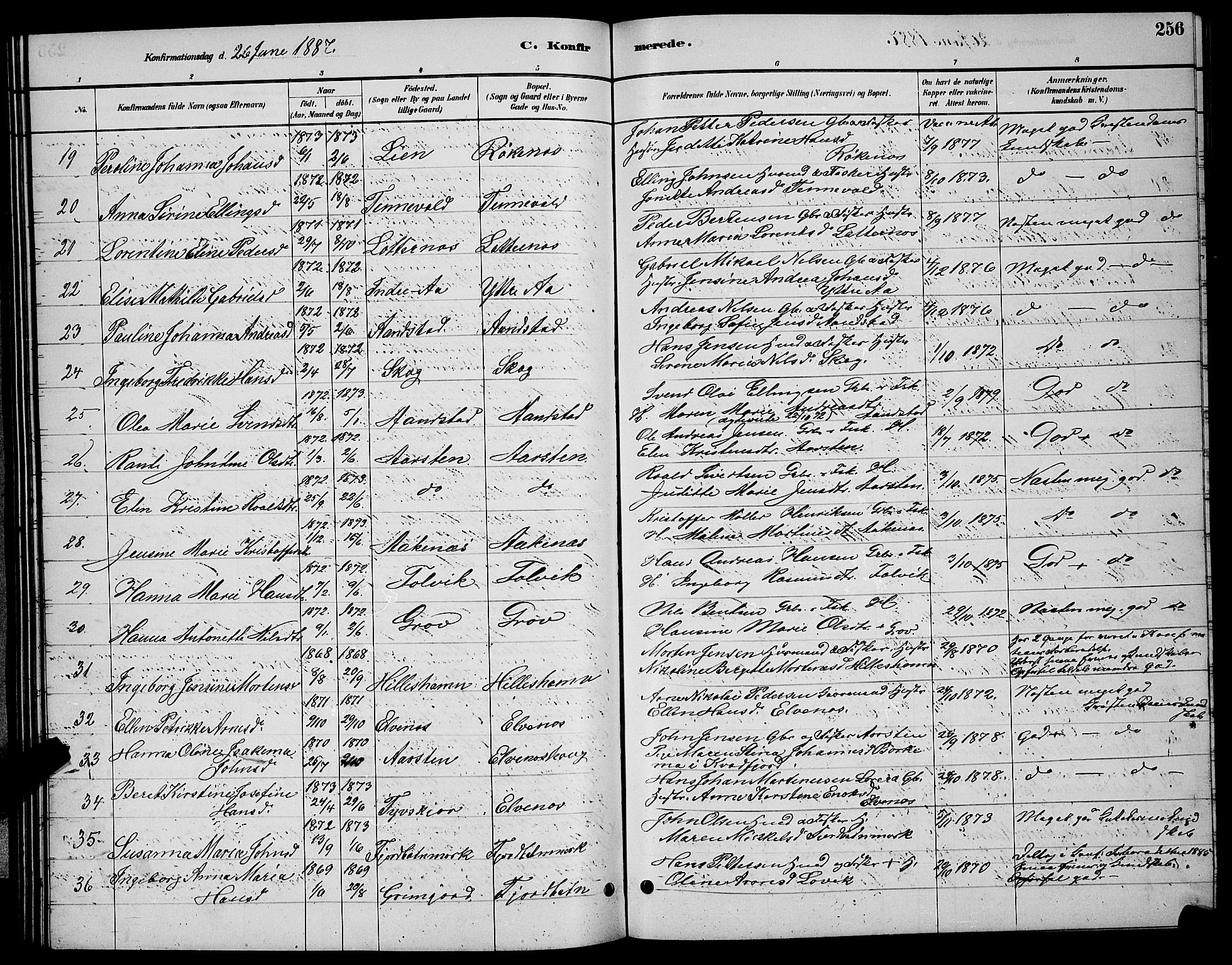 Ibestad sokneprestembete, AV/SATØ-S-0077/H/Ha/Hab/L0007klokker: Parish register (copy) no. 7, 1879-1889, p. 256