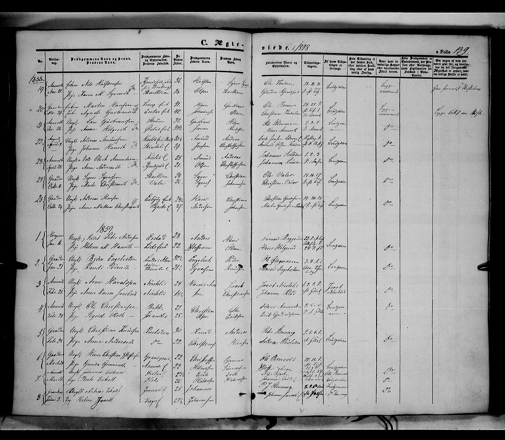 Land prestekontor, SAH/PREST-120/H/Ha/Haa/L0010: Parish register (official) no. 10, 1847-1859, p. 139