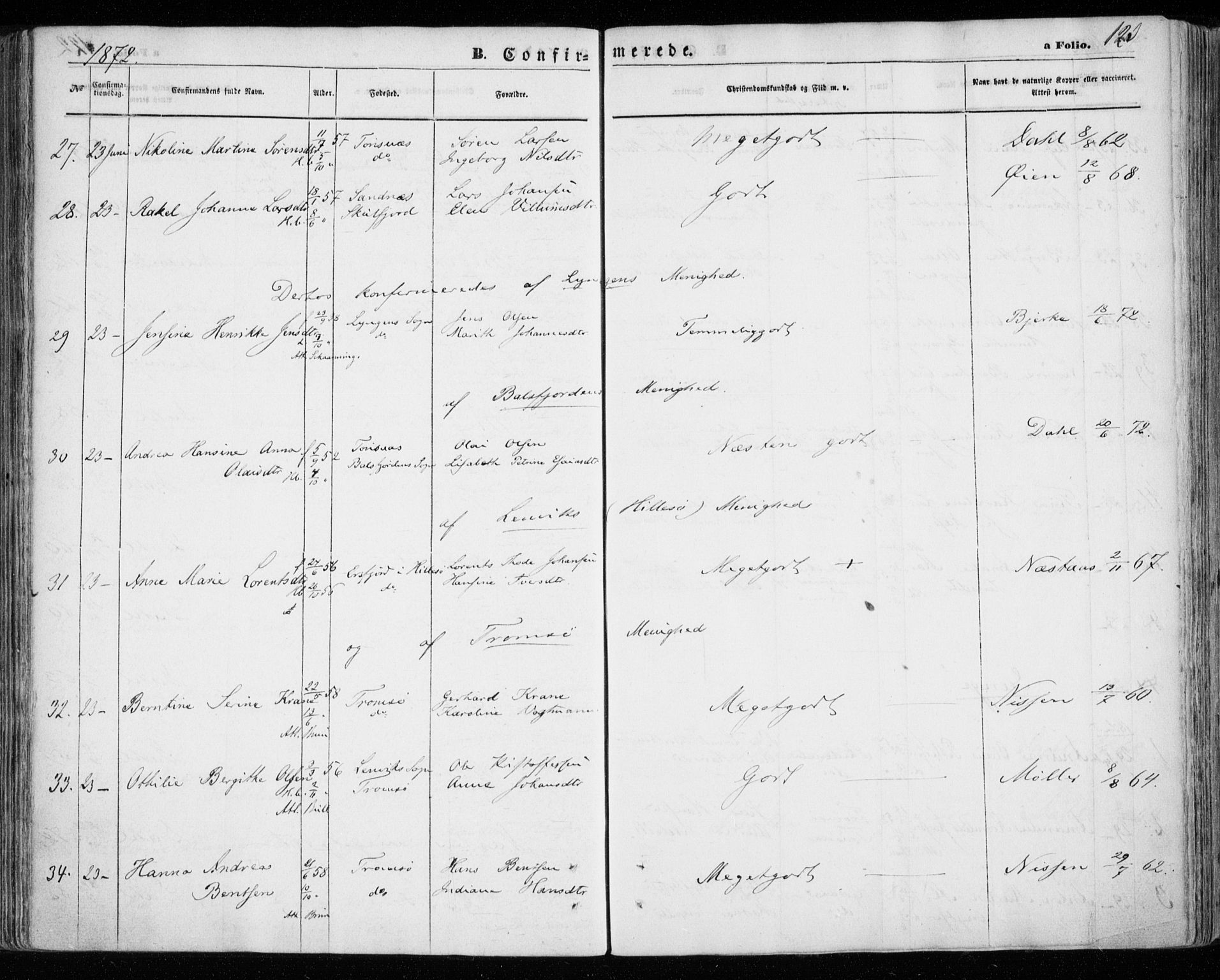 Tromsøysund sokneprestkontor, AV/SATØ-S-1304/G/Ga/L0002kirke: Parish register (official) no. 2, 1867-1875, p. 123