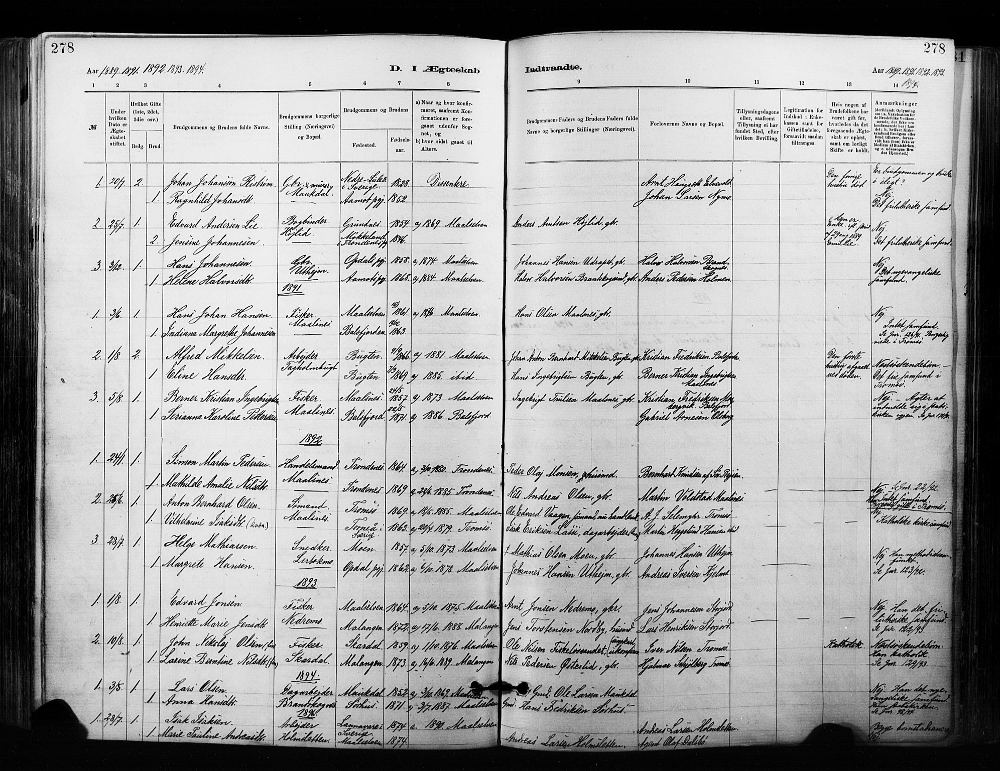 Målselv sokneprestembete, SATØ/S-1311/G/Ga/Gaa/L0007kirke: Parish register (official) no. 7, 1884-1903, p. 278