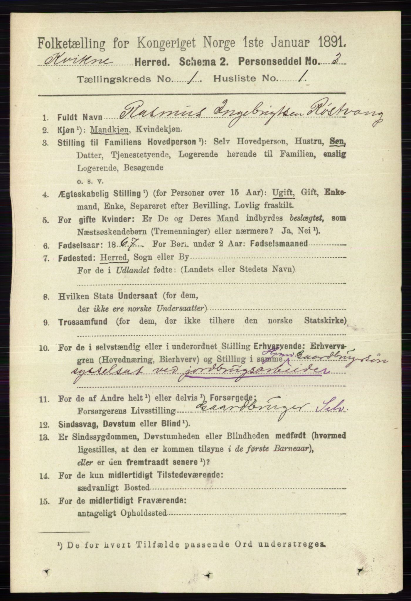 RA, 1891 census for 0440 Kvikne, 1891, p. 50