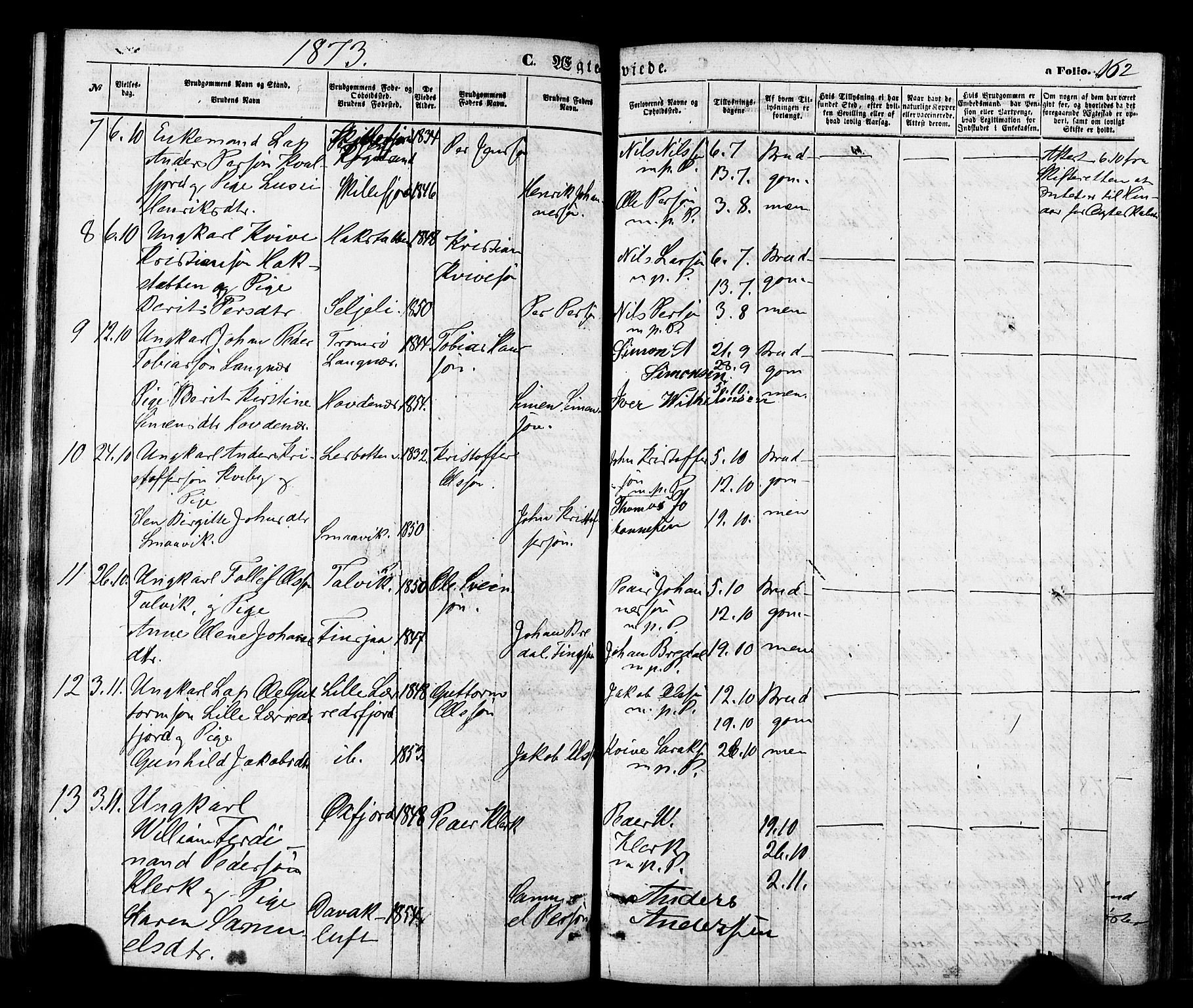 Talvik sokneprestkontor, SATØ/S-1337/H/Ha/L0011kirke: Parish register (official) no. 11, 1864-1877, p. 162