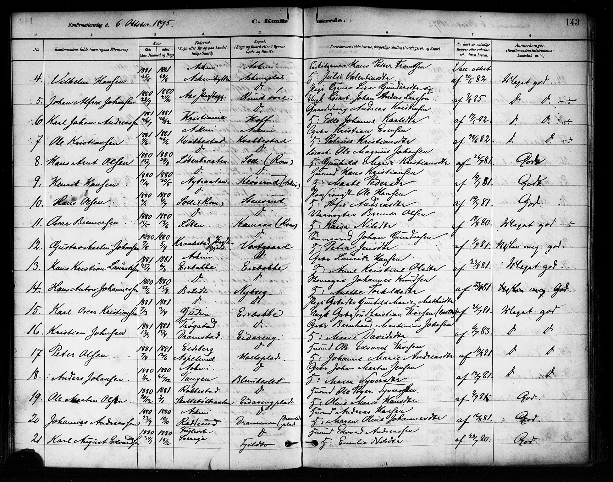 Askim prestekontor Kirkebøker, AV/SAO-A-10900/F/Fa/L0007: Parish register (official) no. 7, 1882-1897, p. 143