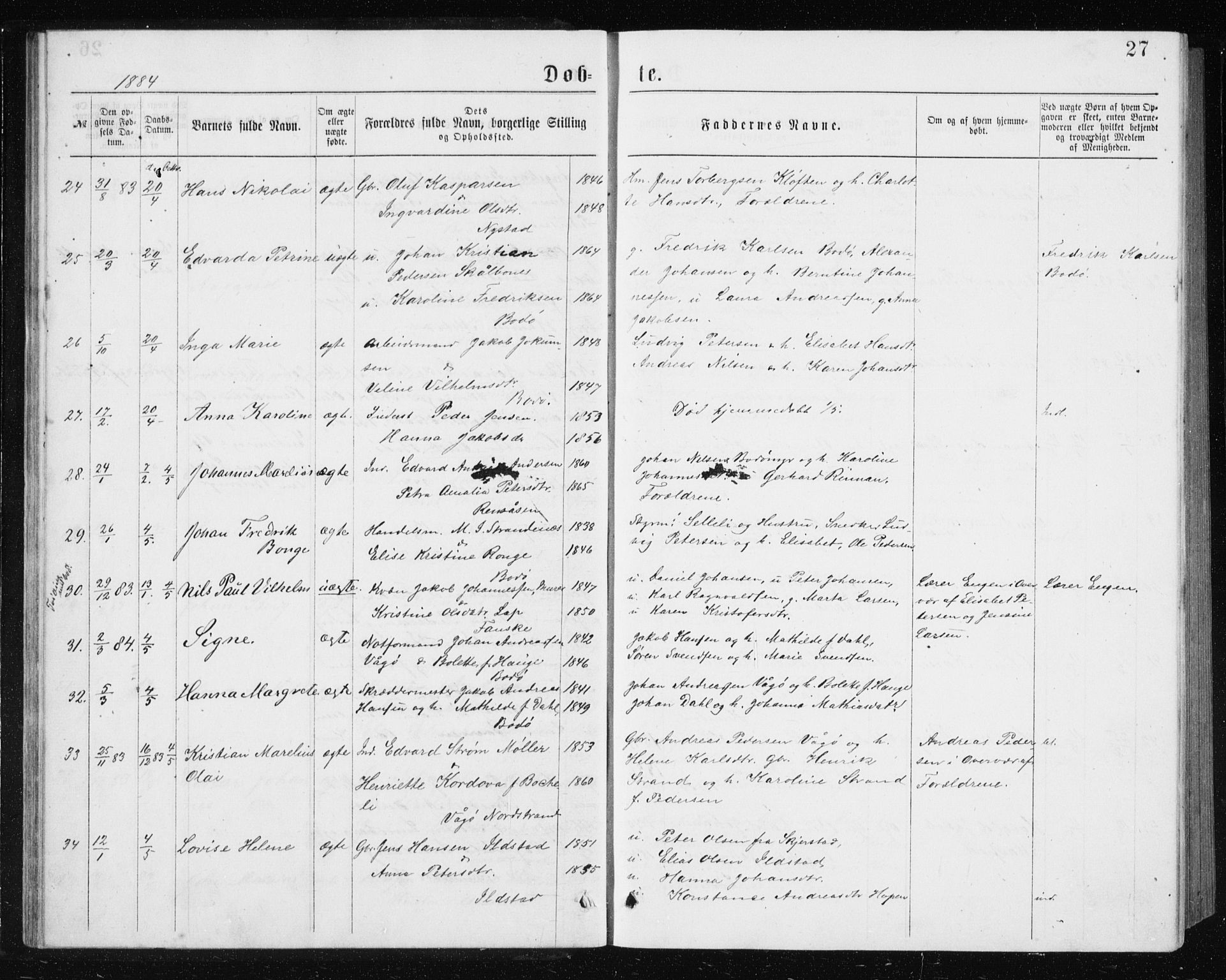 Ministerialprotokoller, klokkerbøker og fødselsregistre - Nordland, AV/SAT-A-1459/801/L0031: Parish register (copy) no. 801C06, 1883-1887, p. 27