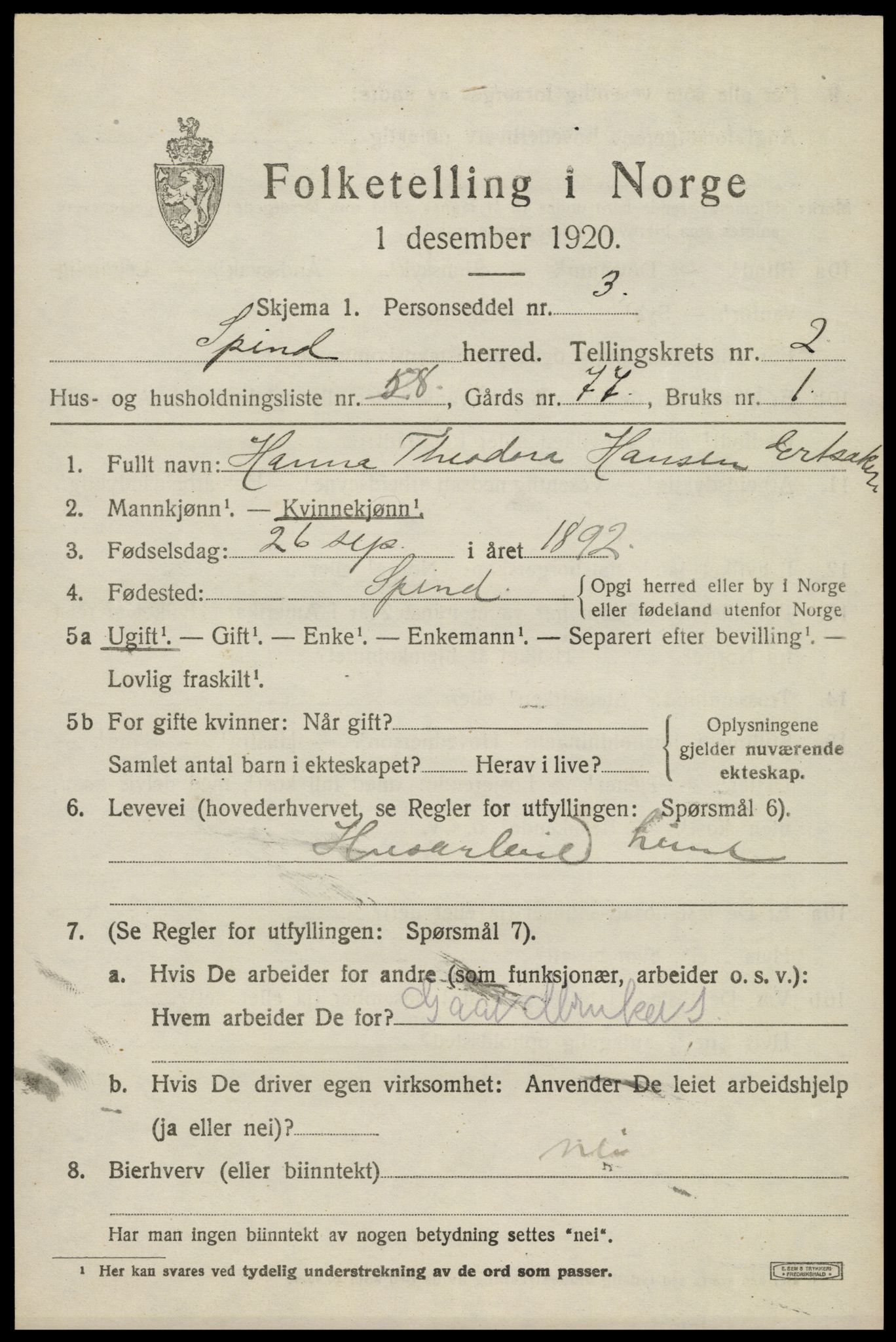 SAK, 1920 census for Spind, 1920, p. 1607