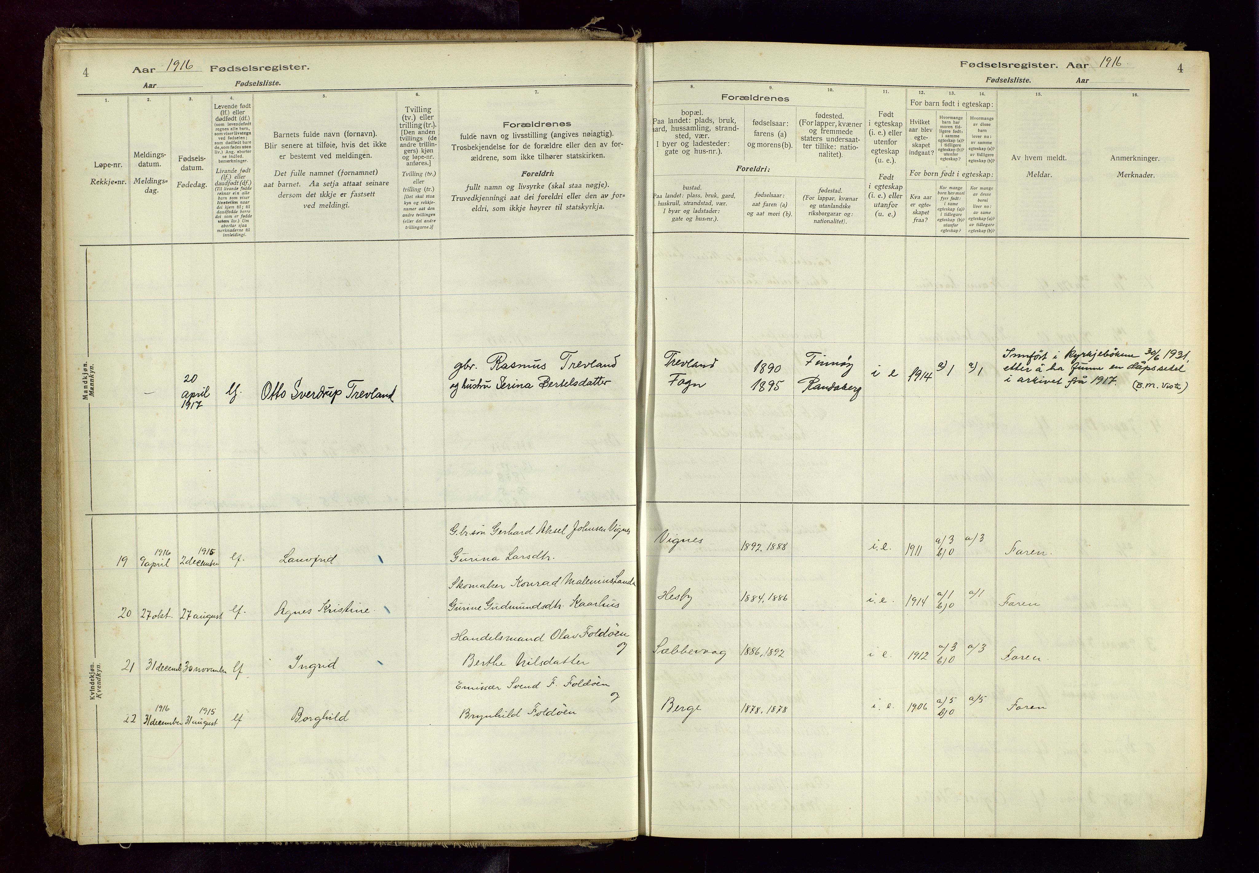 Finnøy sokneprestkontor, AV/SAST-A-101825/I/Id/L0001: Birth register no. 1, 1916-1977, p. 4