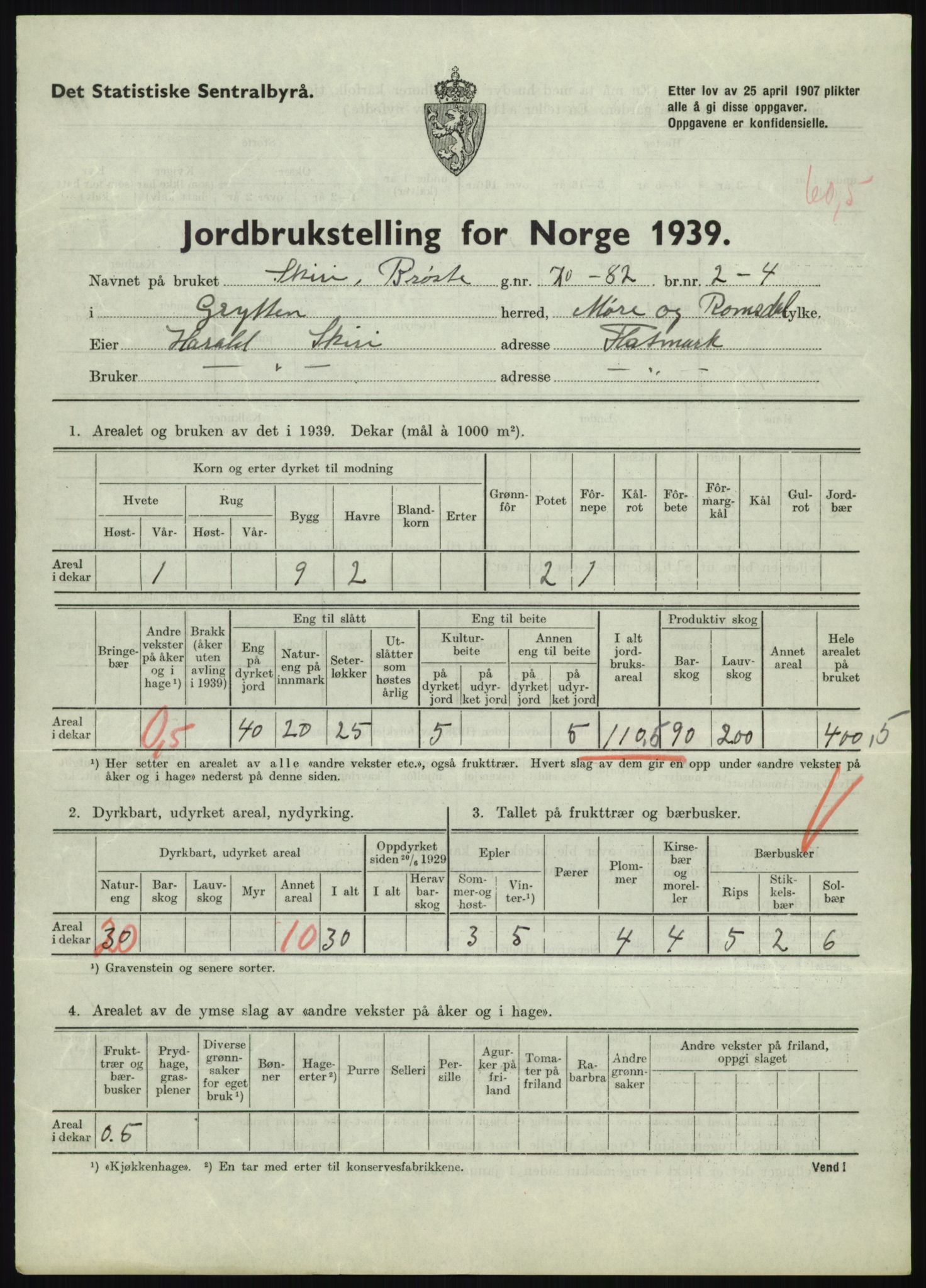 Statistisk sentralbyrå, Næringsøkonomiske emner, Jordbruk, skogbruk, jakt, fiske og fangst, AV/RA-S-2234/G/Gb/L0251: Møre og Romsdal: Voll, Eid, Grytten og Hen, 1939, p. 865