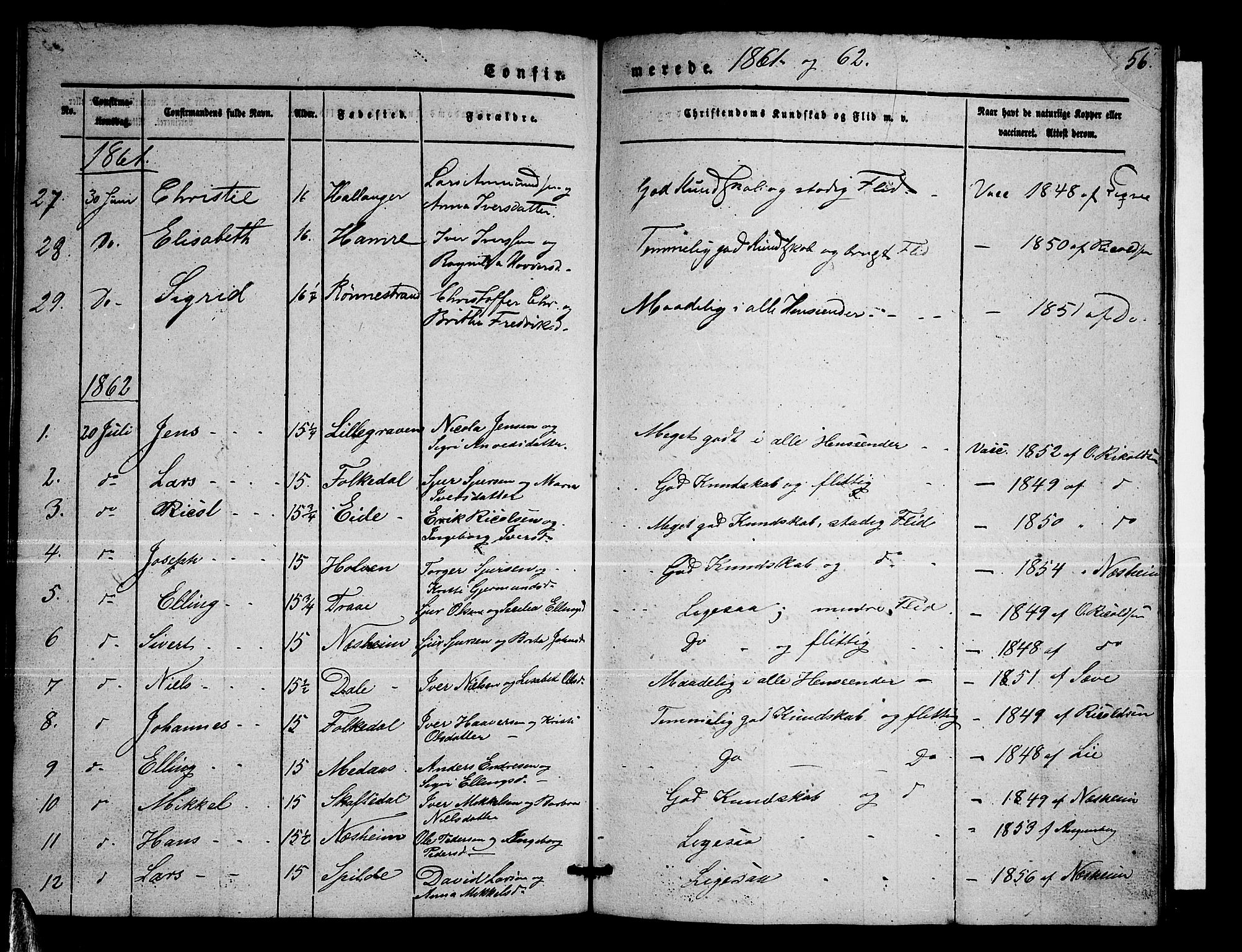 Ulvik sokneprestembete, SAB/A-78801/H/Hab: Parish register (copy) no. B 1, 1855-1868, p. 56