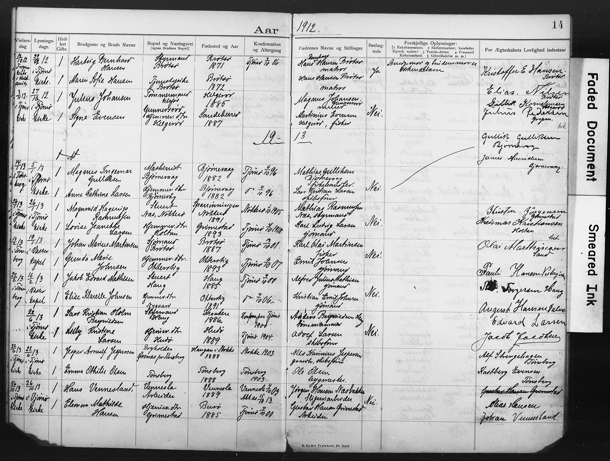 Tjøme kirkebøker, AV/SAKO-A-328/H/Ha/L0001: Banns register no. I 1, 1903-1918, p. 14