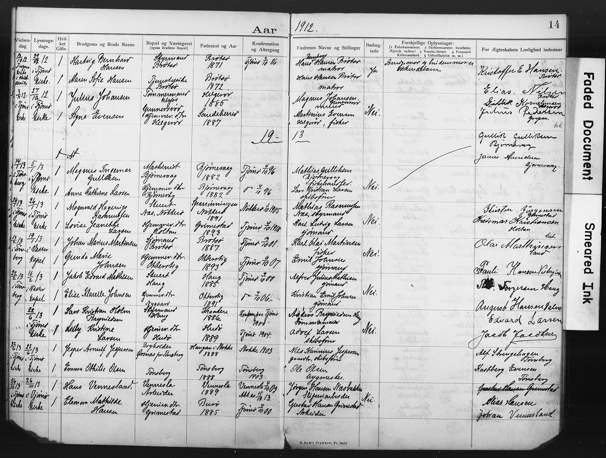 Tjøme kirkebøker, SAKO/A-328/H/Ha/L0001: Banns register no. I 1, 1903-1918, p. 14