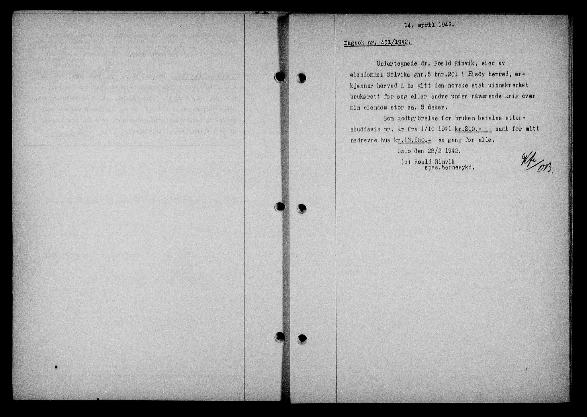 Nedenes sorenskriveri, SAK/1221-0006/G/Gb/Gba/L0049: Mortgage book no. A-III, 1941-1942, Diary no: : 431/1942