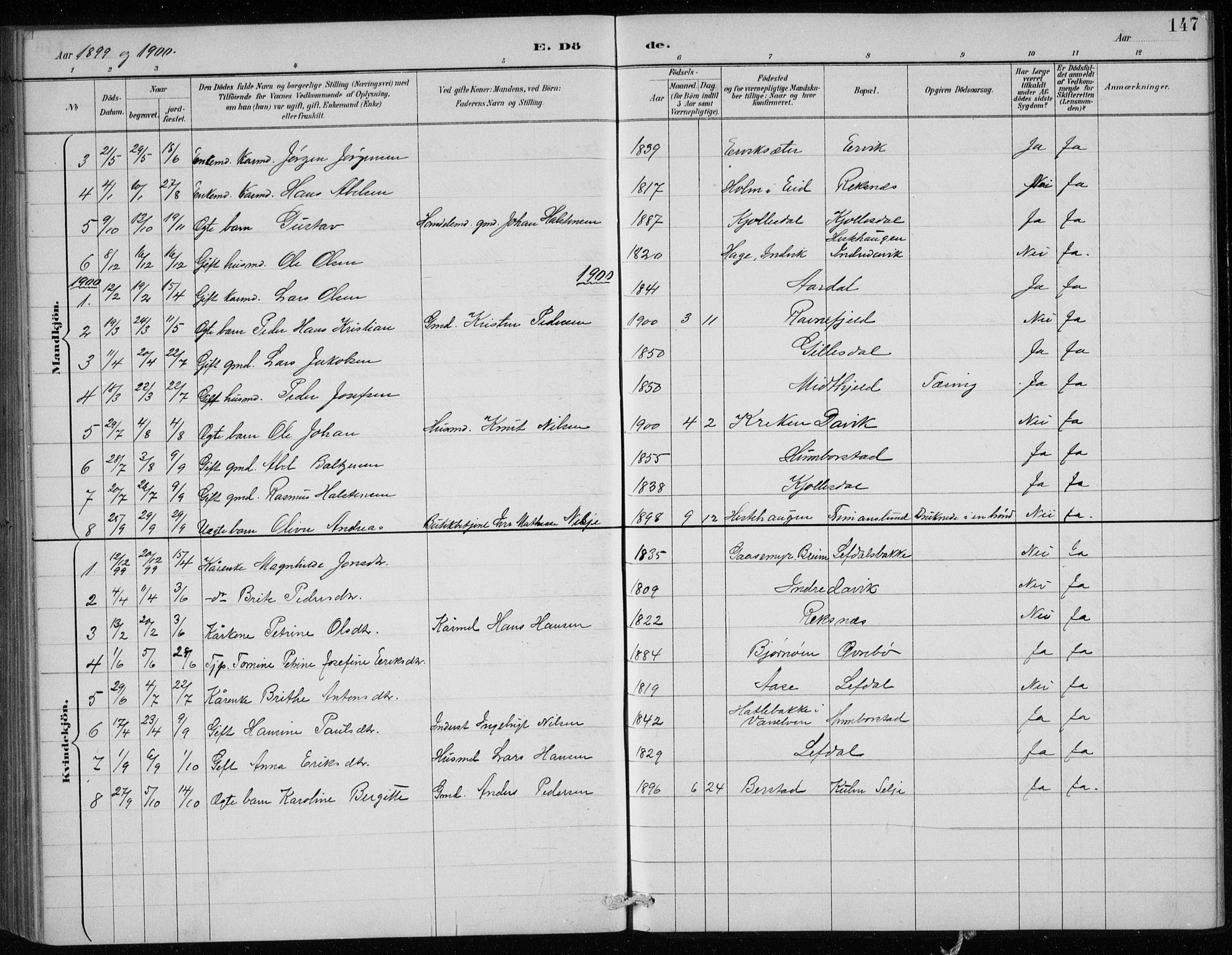 Davik sokneprestembete, AV/SAB-A-79701/H/Hab/Haba/L0002: Parish register (copy) no. A 2, 1890-1911, p. 147