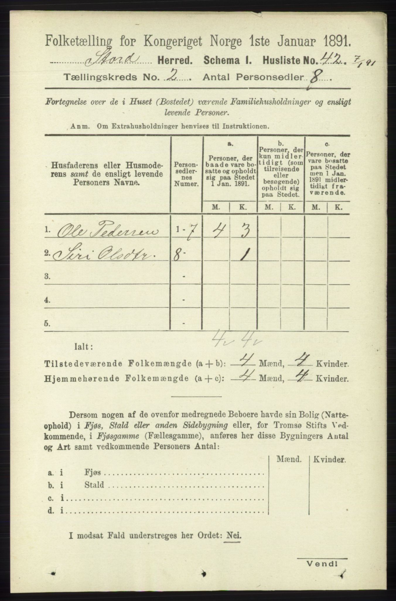 RA, 1891 census for 1221 Stord, 1891, p. 248