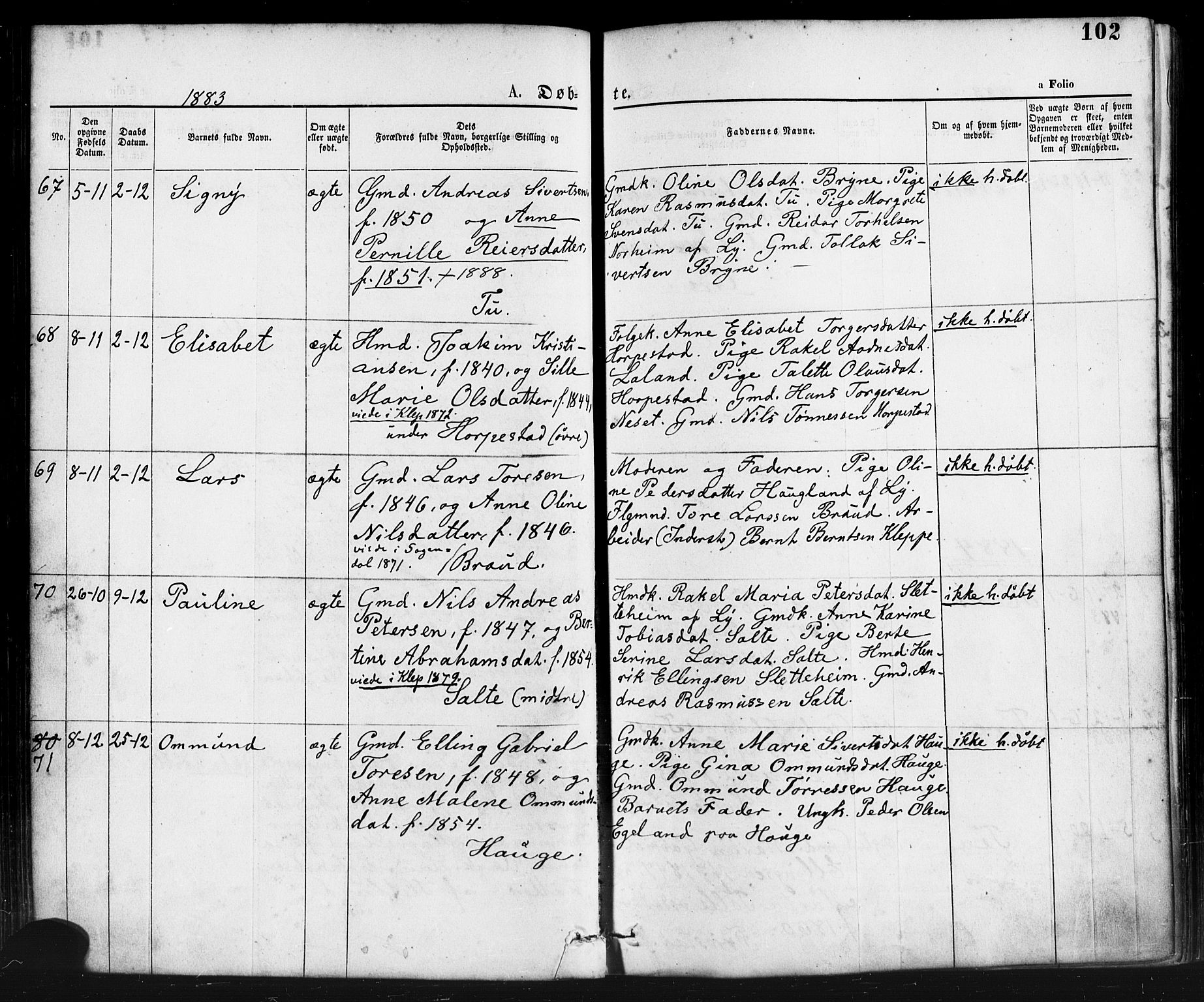 Klepp sokneprestkontor, AV/SAST-A-101803/001/3/30BA/L0006: Parish register (official) no. A 6, 1871-1885, p. 102