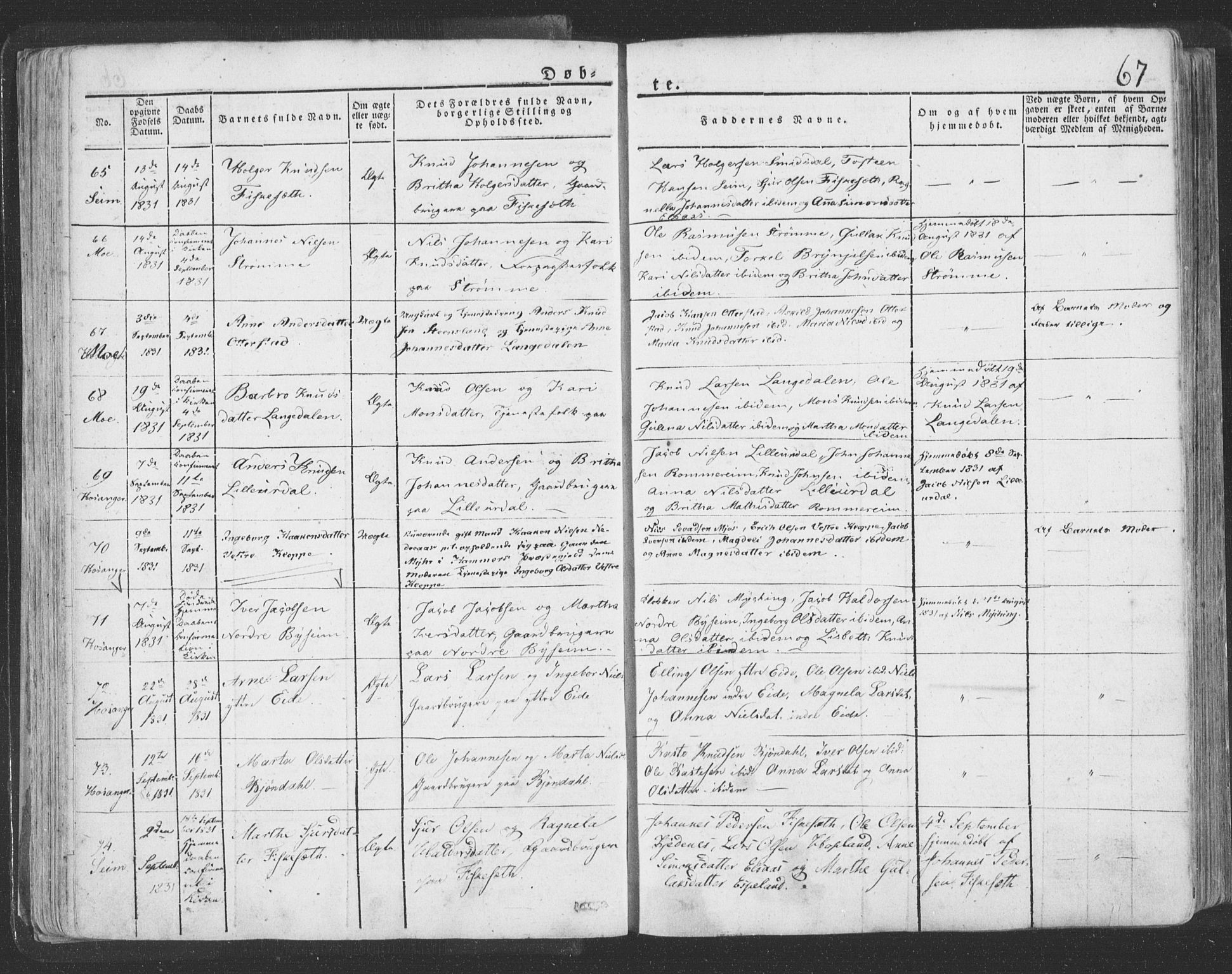 Hosanger sokneprestembete, SAB/A-75801/H/Haa: Parish register (official) no. A 6, 1824-1835, p. 67