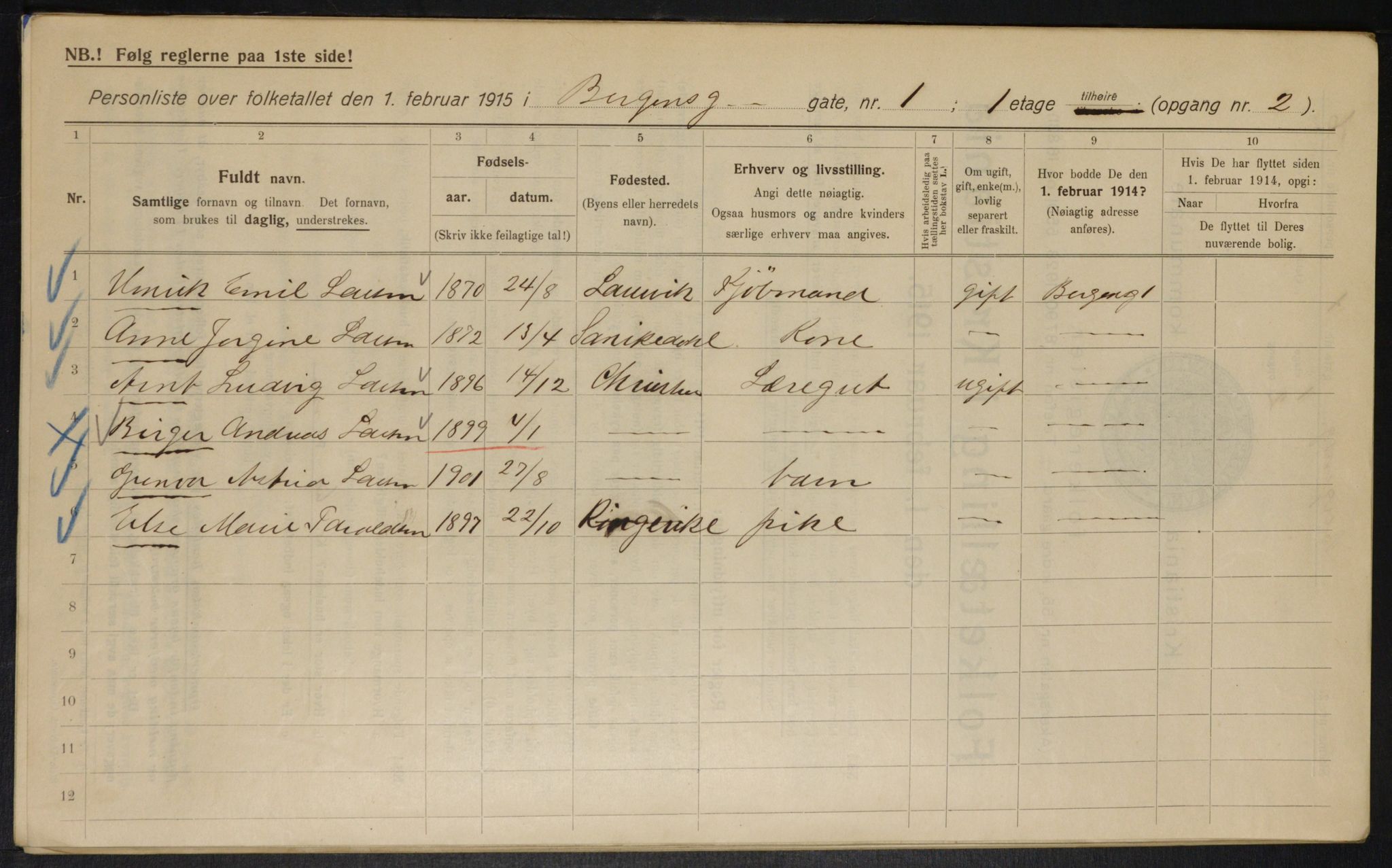 OBA, Municipal Census 1915 for Kristiania, 1915, p. 3754