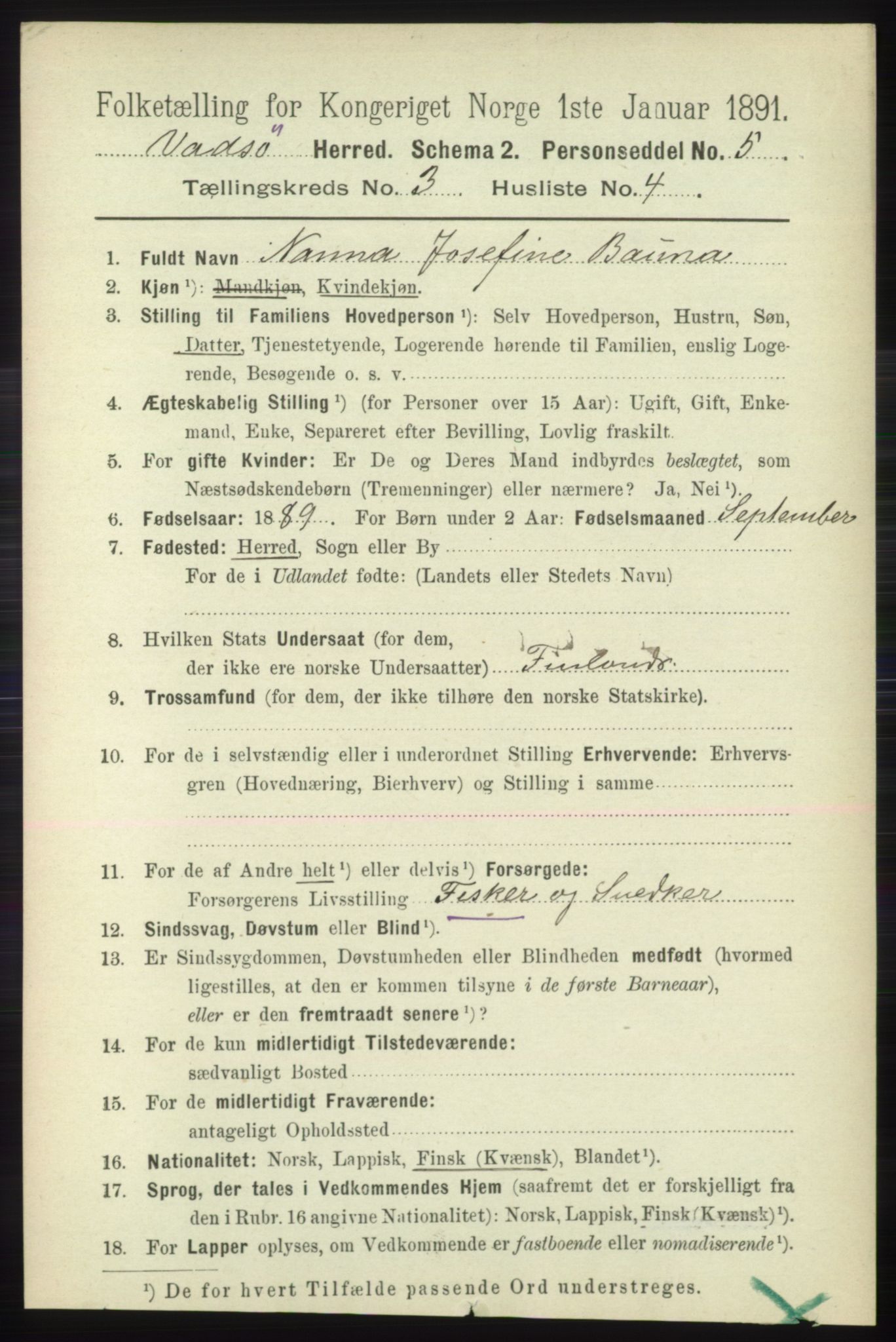 RA, 1891 census for 2029 Vadsø, 1891, p. 845