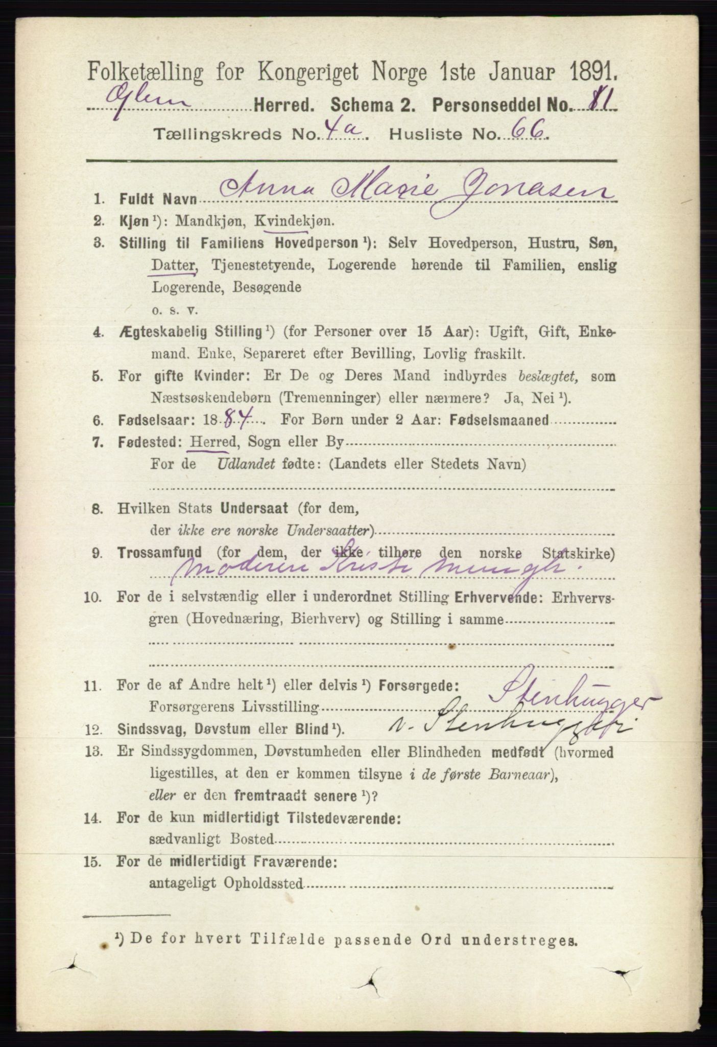 RA, 1891 census for 0132 Glemmen, 1891, p. 4154