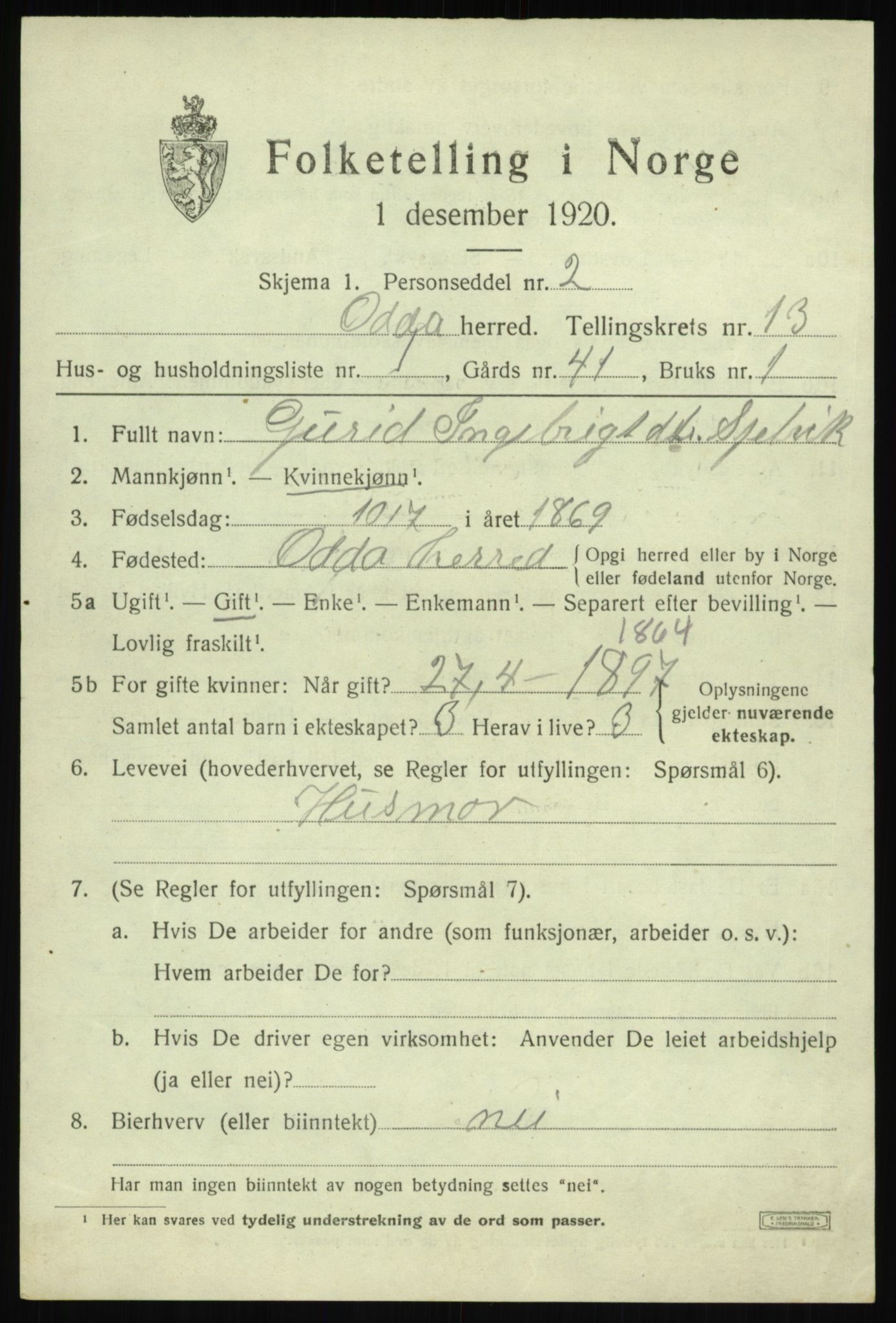 SAB, 1920 census for Odda, 1920, p. 11849