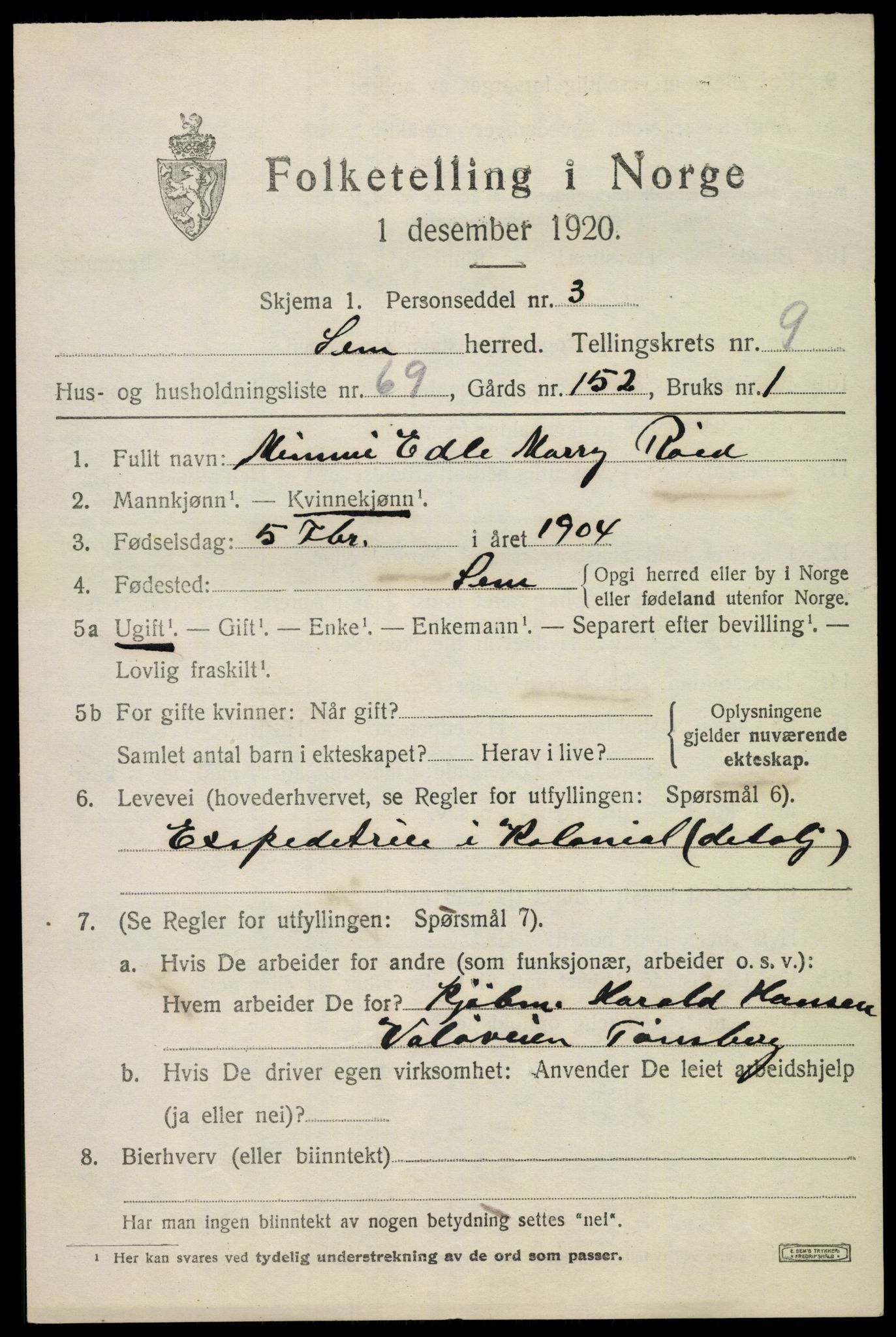 SAKO, 1920 census for Sem, 1920, p. 13365
