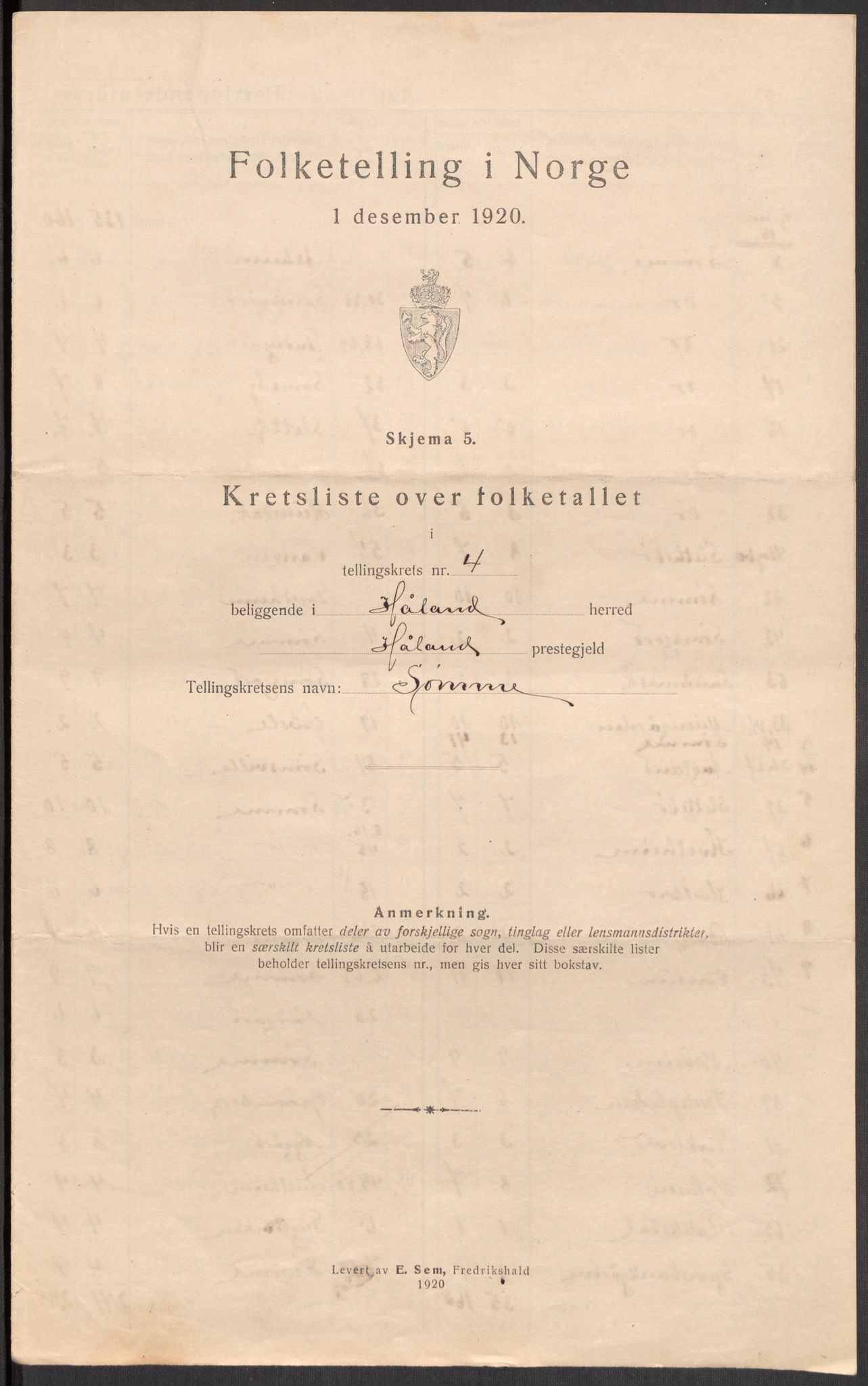 SAST, 1920 census for Håland, 1920, p. 18