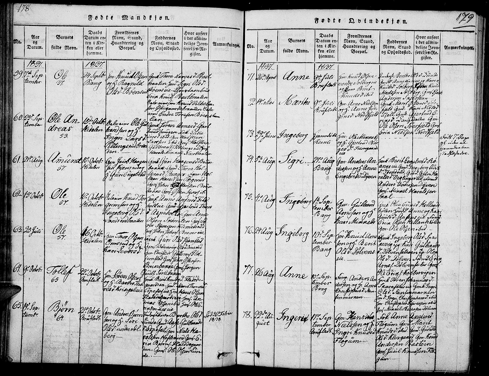 Sør-Aurdal prestekontor, SAH/PREST-128/H/Ha/Hab/L0002: Parish register (copy) no. 2, 1826-1840, p. 178-179