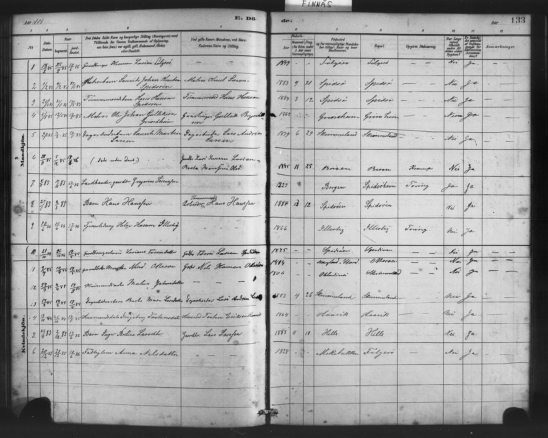 Finnås sokneprestembete, AV/SAB-A-99925/H/Ha/Haa/Haab/L0001: Parish register (official) no. B 1, 1881-1894, p. 133