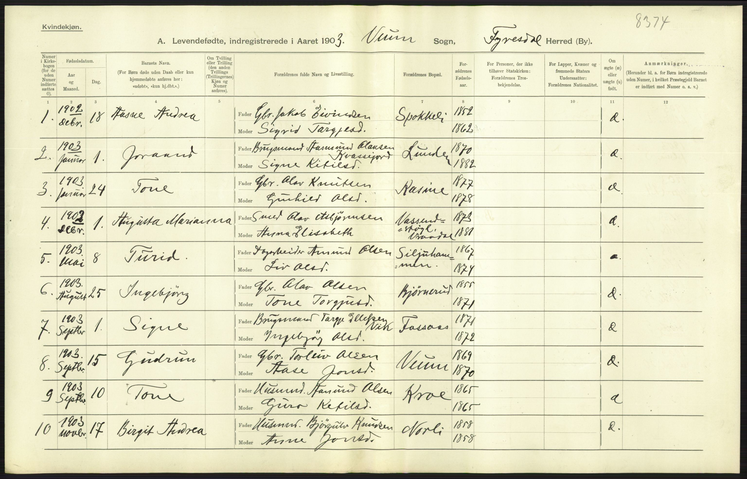 Statistisk sentralbyrå, Sosiodemografiske emner, Befolkning, AV/RA-S-2228/D/Df/Dfa/Dfaa/L0009: Bratsberg amt: Fødte, gifte, døde, 1903, p. 37