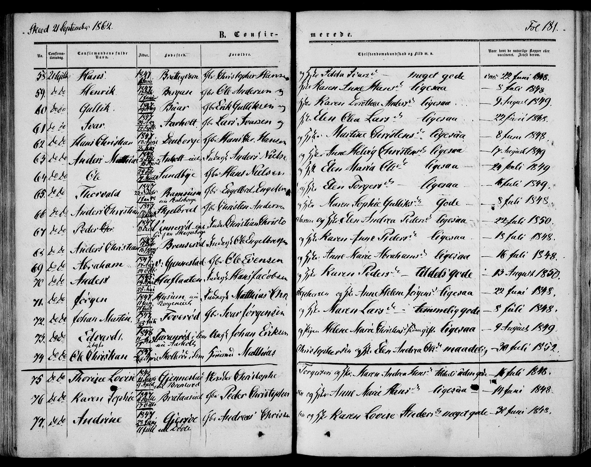 Stokke kirkebøker, AV/SAKO-A-320/F/Fa/L0008: Parish register (official) no. I 8, 1858-1871, p. 181