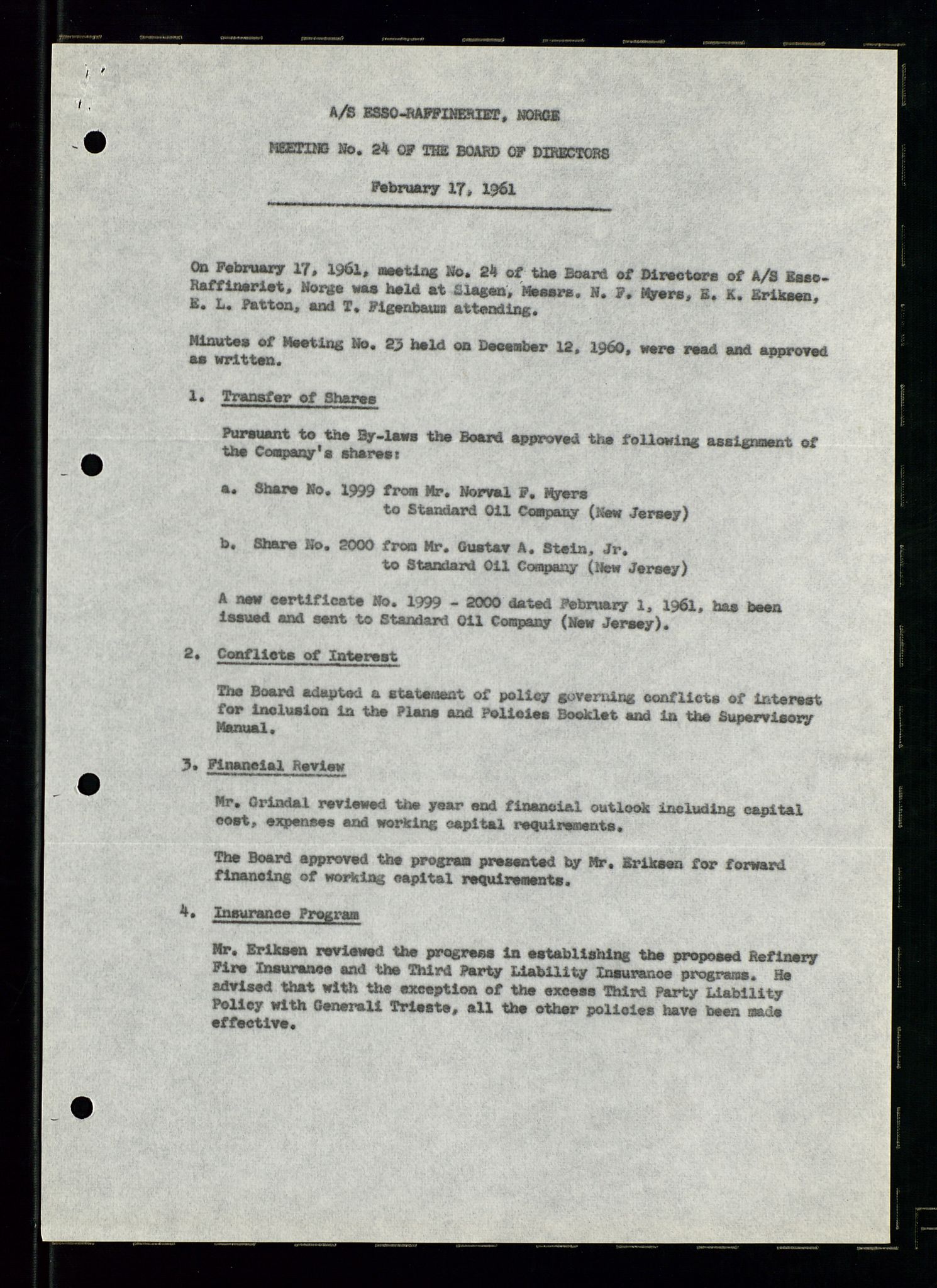 PA 1537 - A/S Essoraffineriet Norge, AV/SAST-A-101957/A/Aa/L0002/0001: Styremøter / Shareholder meetings, Board meeting minutes, 1957-1961, p. 65