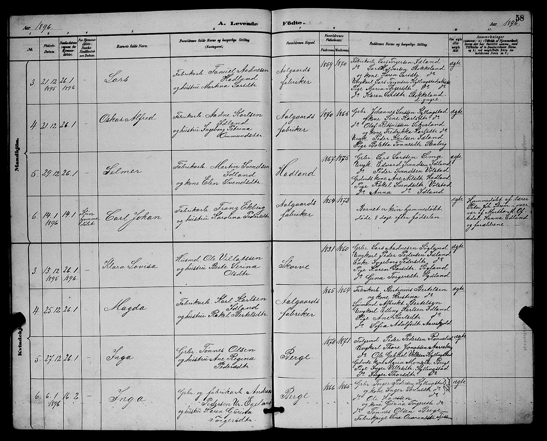 Lye sokneprestkontor, AV/SAST-A-101794/001/30BB/L0008: Parish register (copy) no. B 7, 1887-1901, p. 58