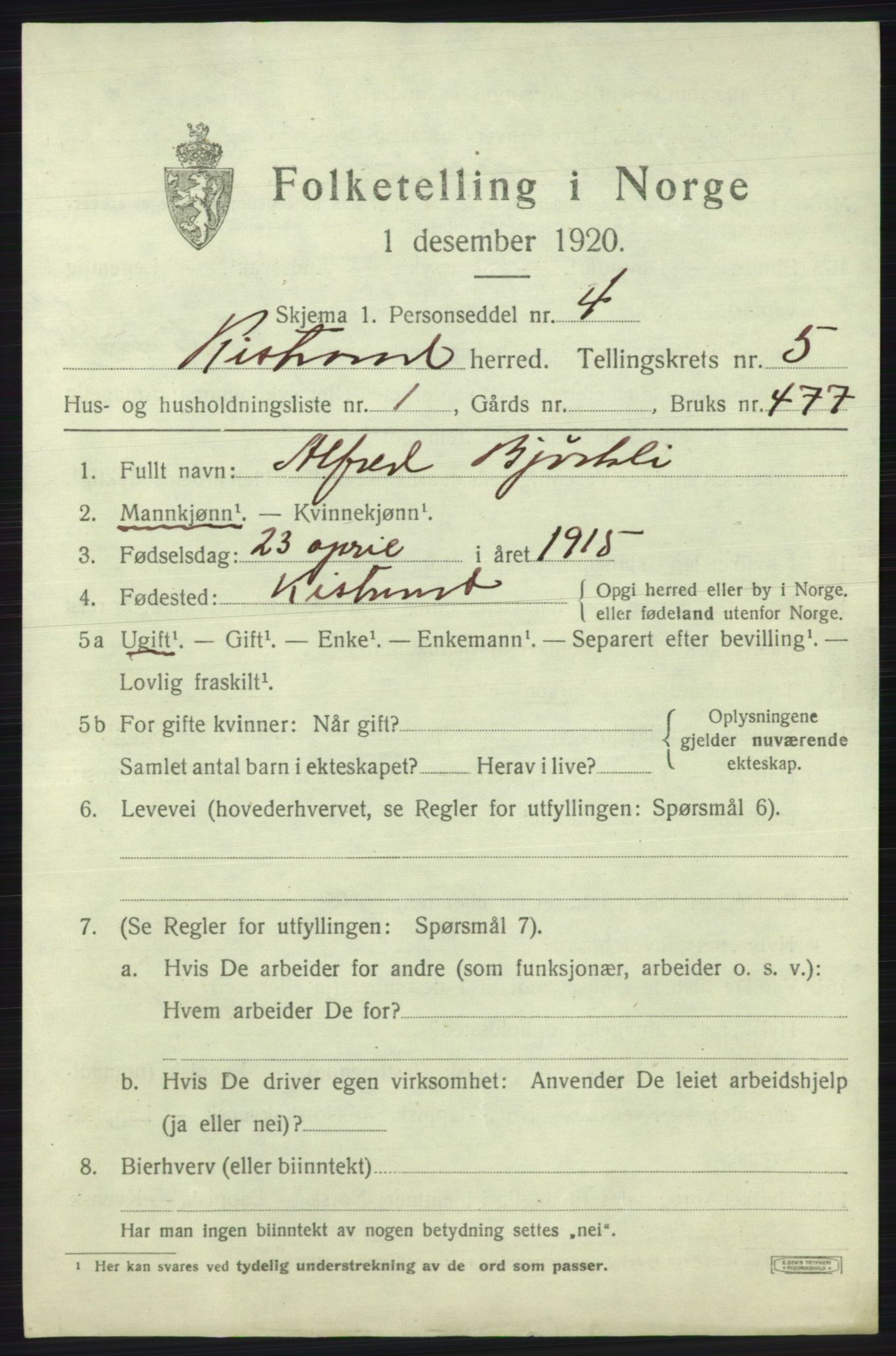 SATØ, 1920 census for Kistrand, 1920, p. 3082