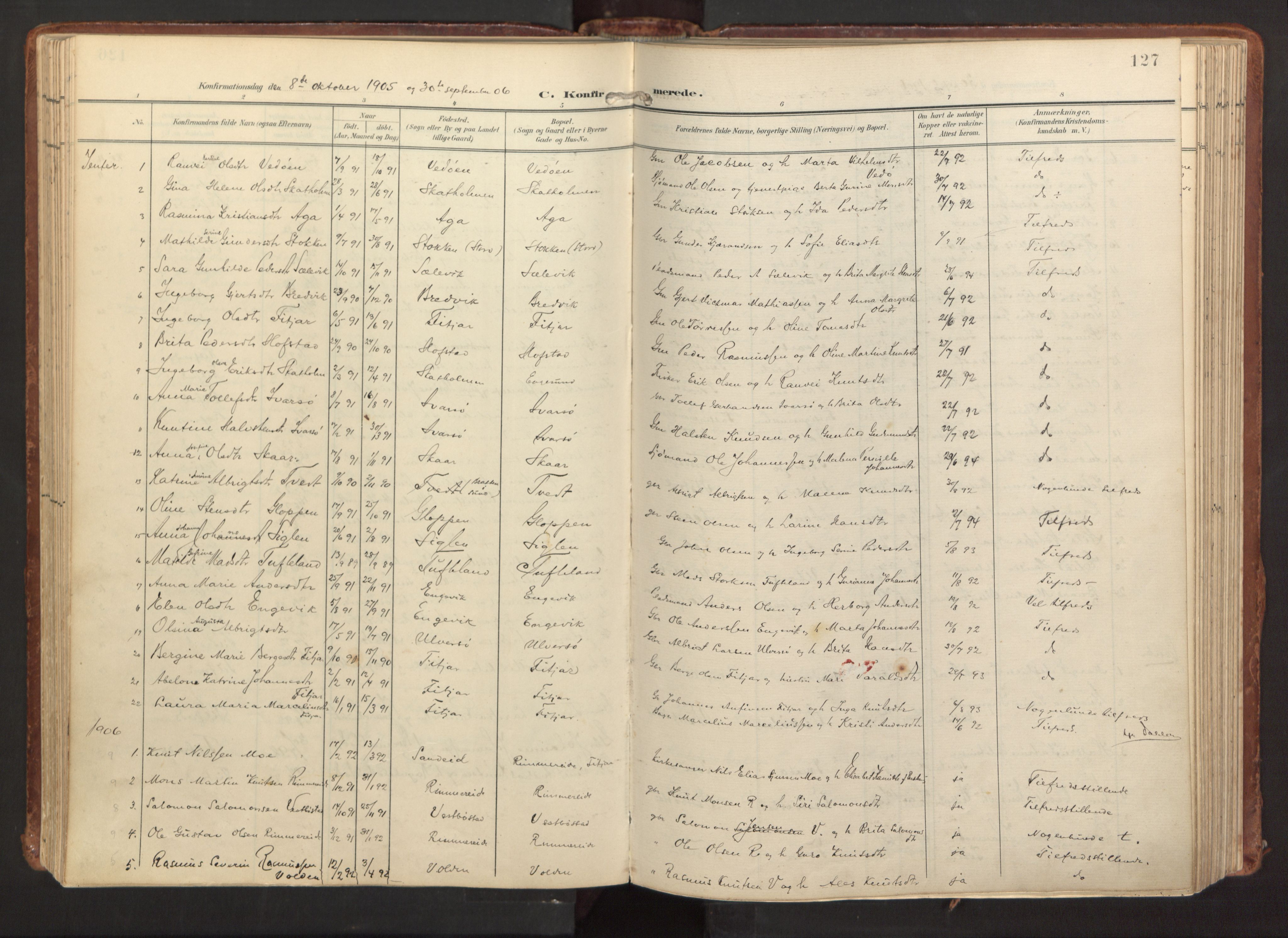 Fitjar sokneprestembete, SAB/A-99926: Parish register (official) no. A 3, 1900-1918, p. 127