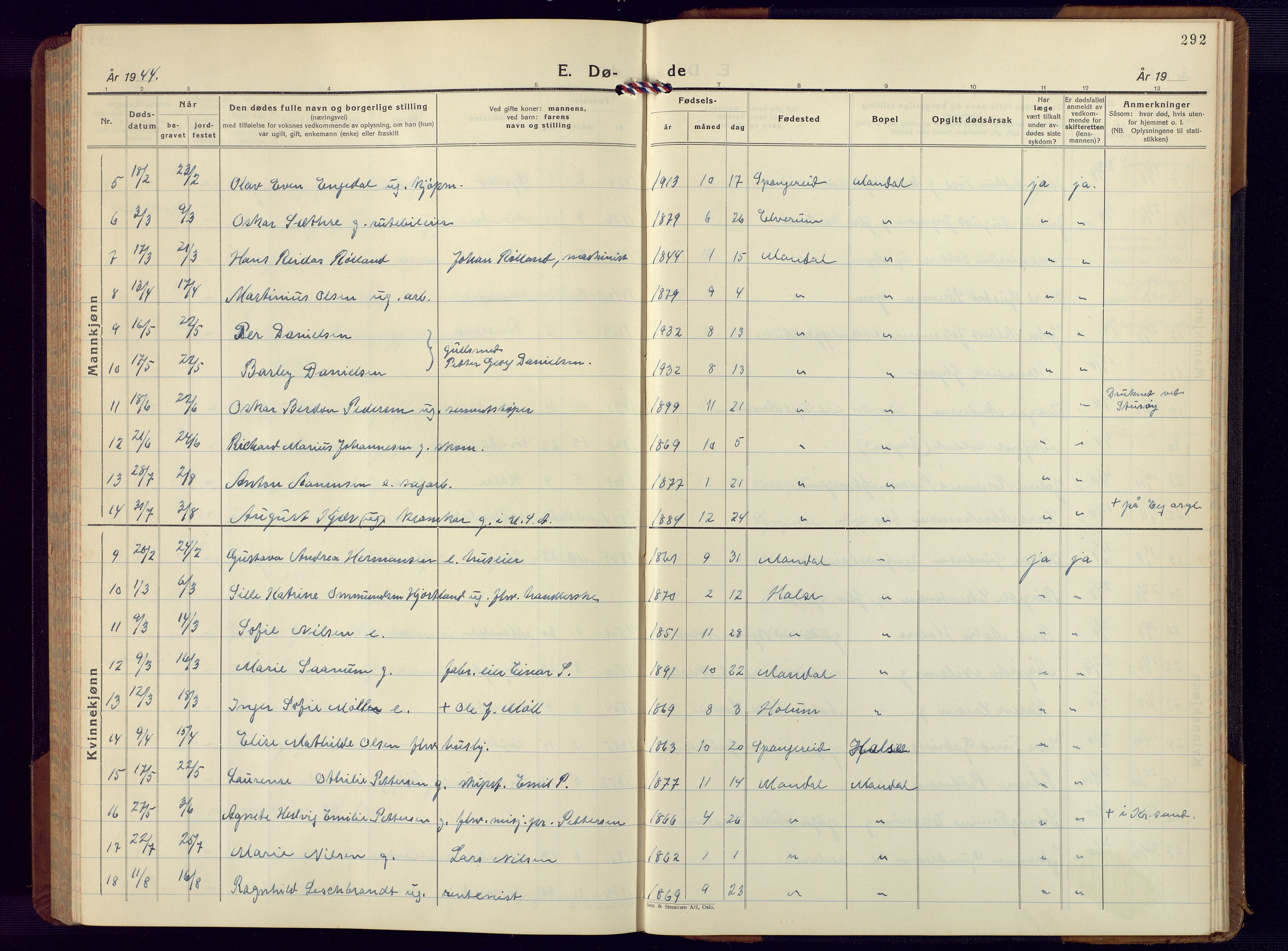 Mandal sokneprestkontor, AV/SAK-1111-0030/F/Fb/Fbc/L0002: Parish register (copy) no. B 2, 1931-1949, p. 292