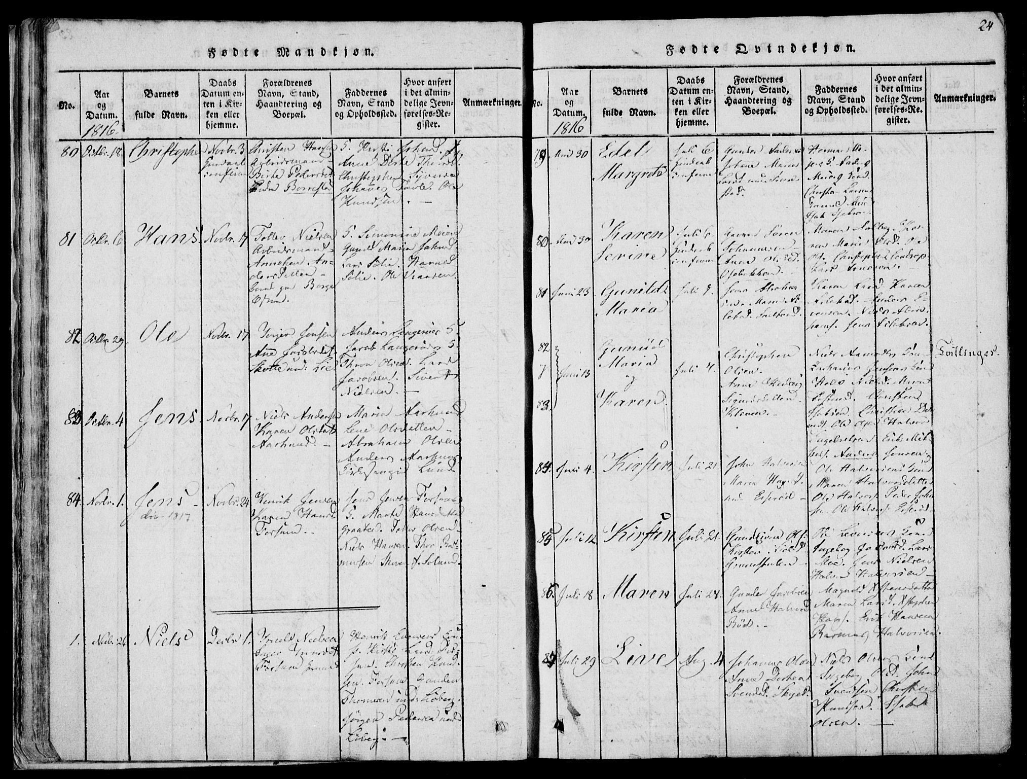 Gjerpen kirkebøker, SAKO/A-265/F/Fa/L0004: Parish register (official) no. I 4, 1814-1823, p. 24