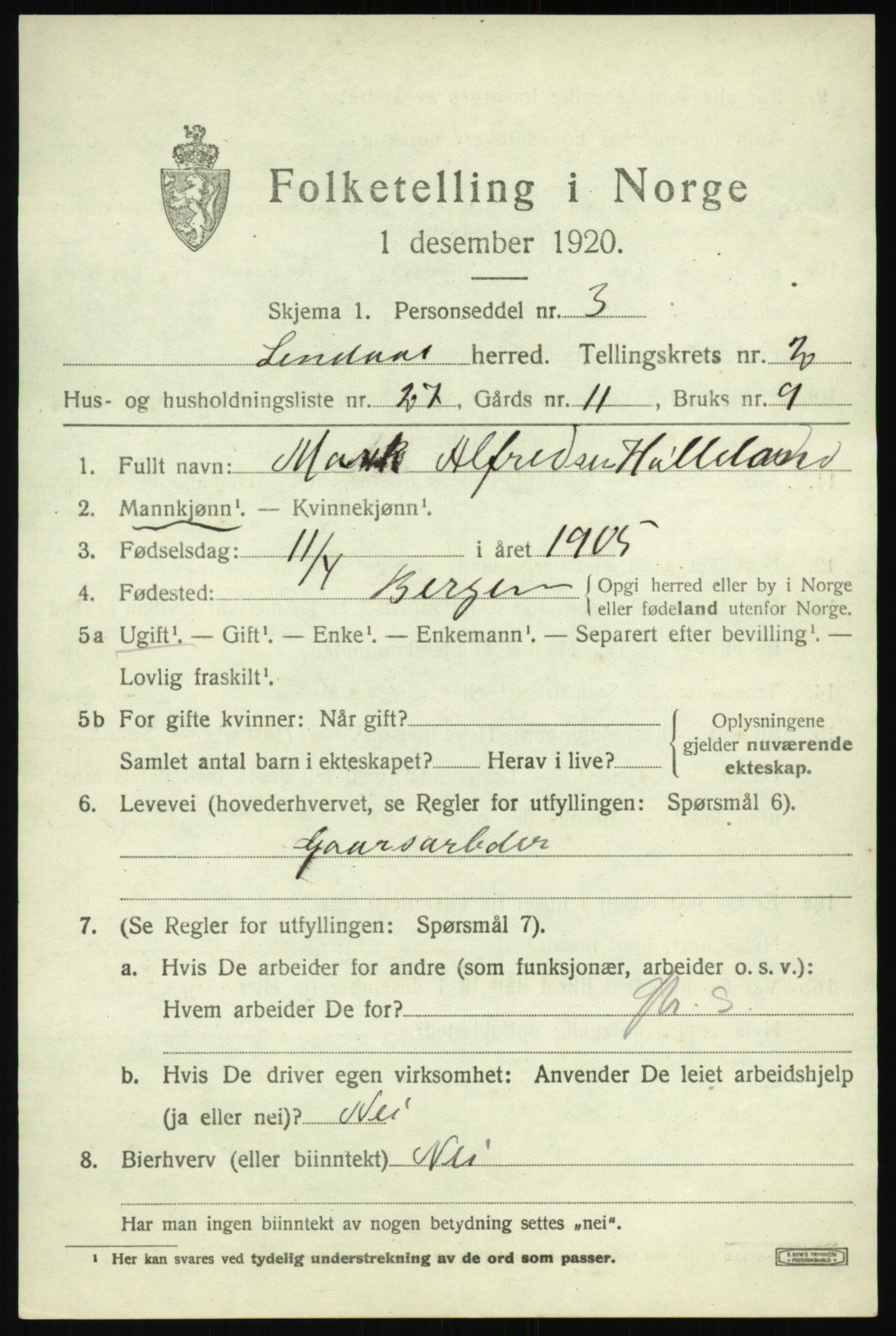 SAB, 1920 census for Lindås, 1920, p. 1885