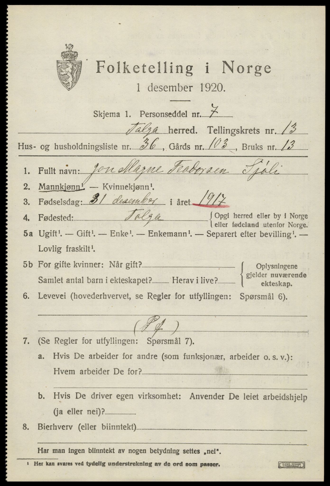 SAH, 1920 census for Tolga, 1920, p. 6235