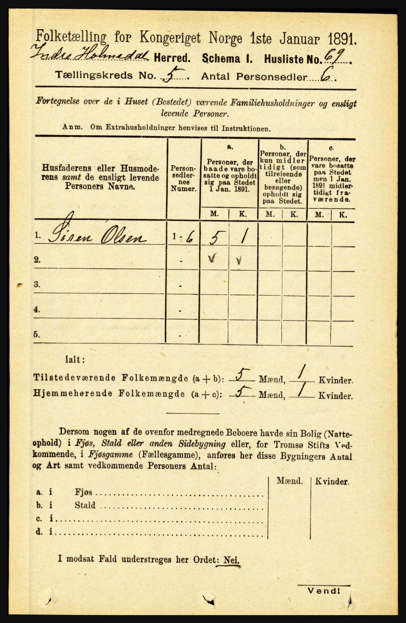 RA, 1891 census for 1430 Indre Holmedal, 1891, p. 1893