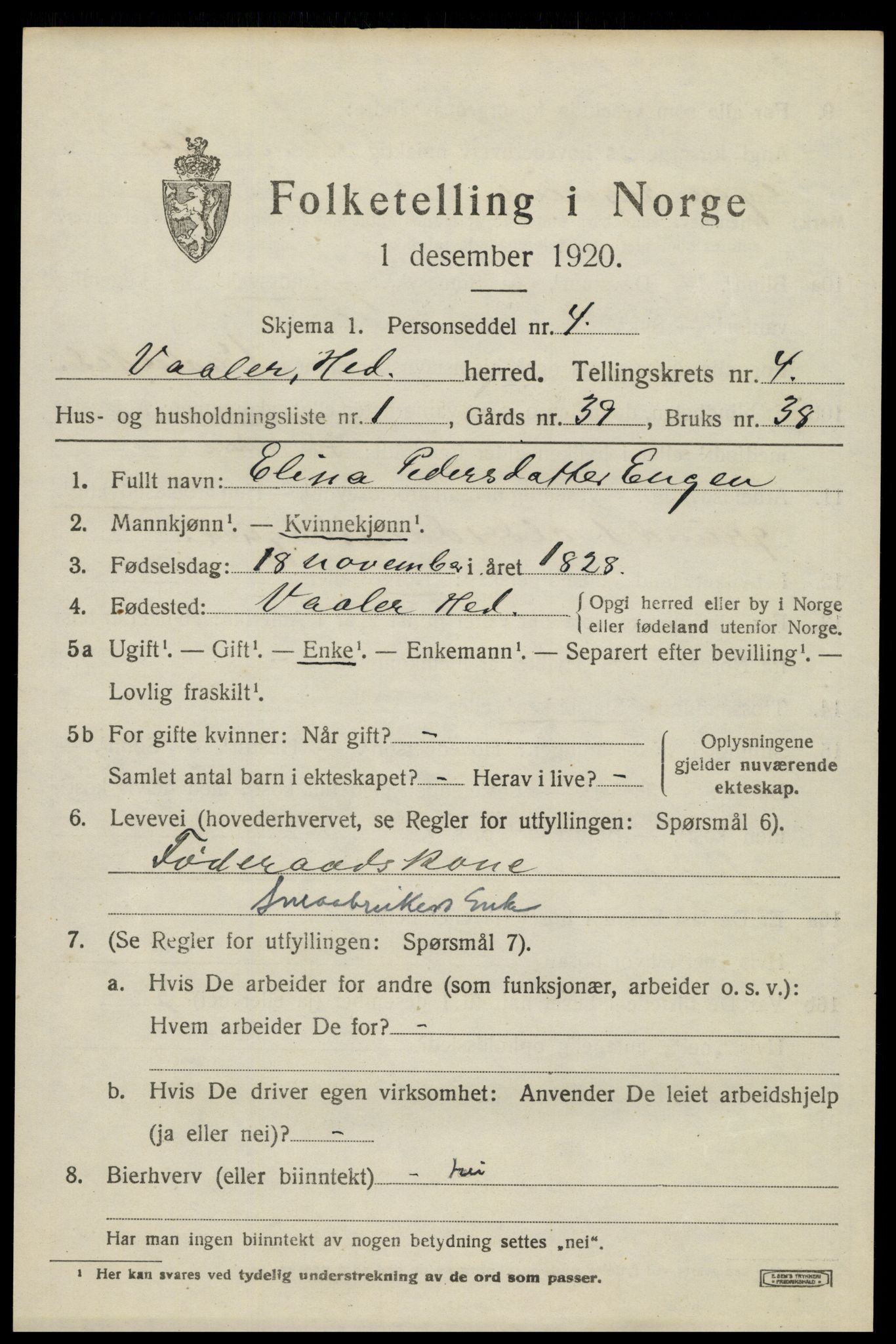 SAH, 1920 census for Våler (Hedmark), 1920, p. 4449