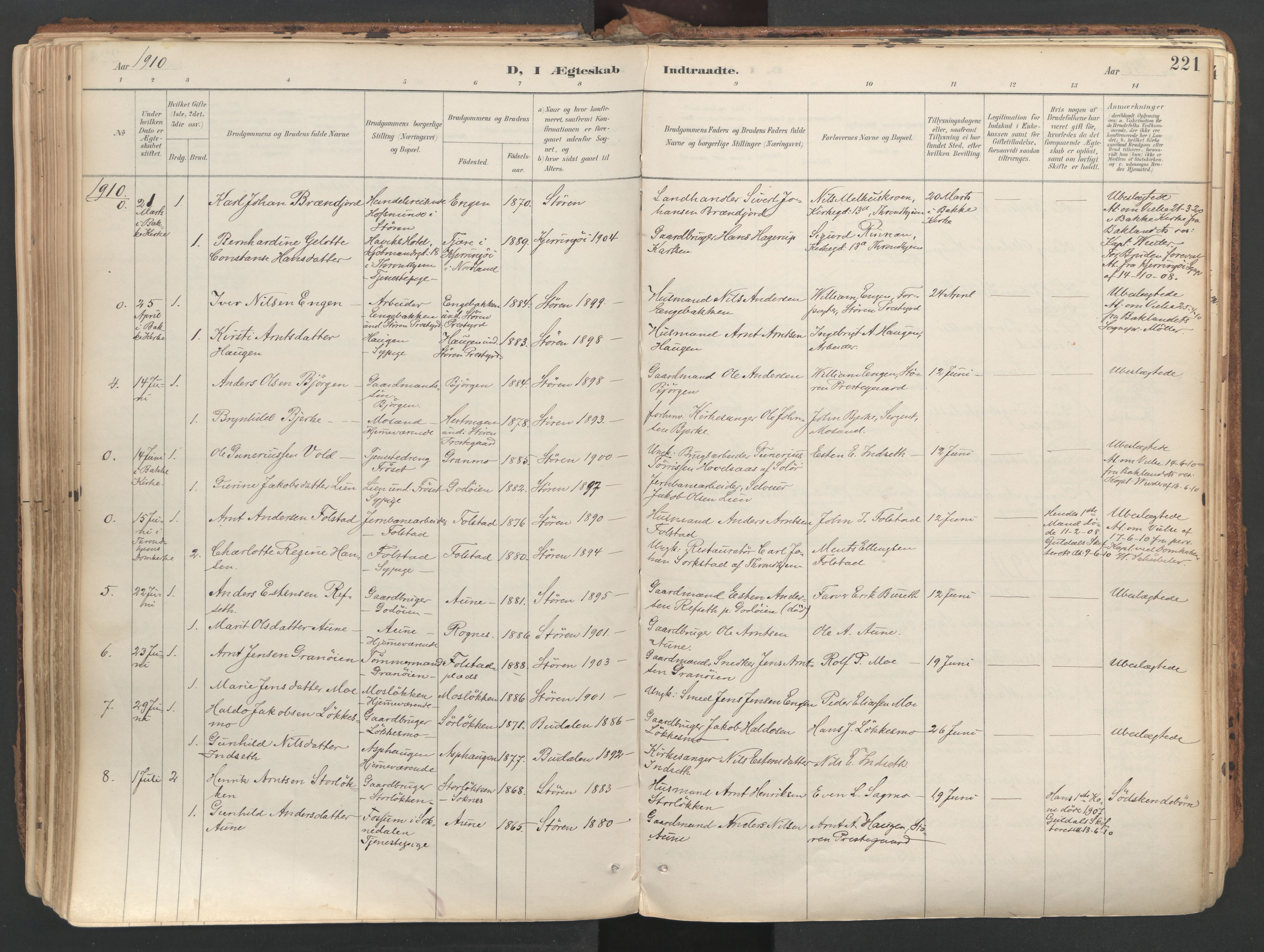 Ministerialprotokoller, klokkerbøker og fødselsregistre - Sør-Trøndelag, SAT/A-1456/687/L1004: Parish register (official) no. 687A10, 1891-1923, p. 221