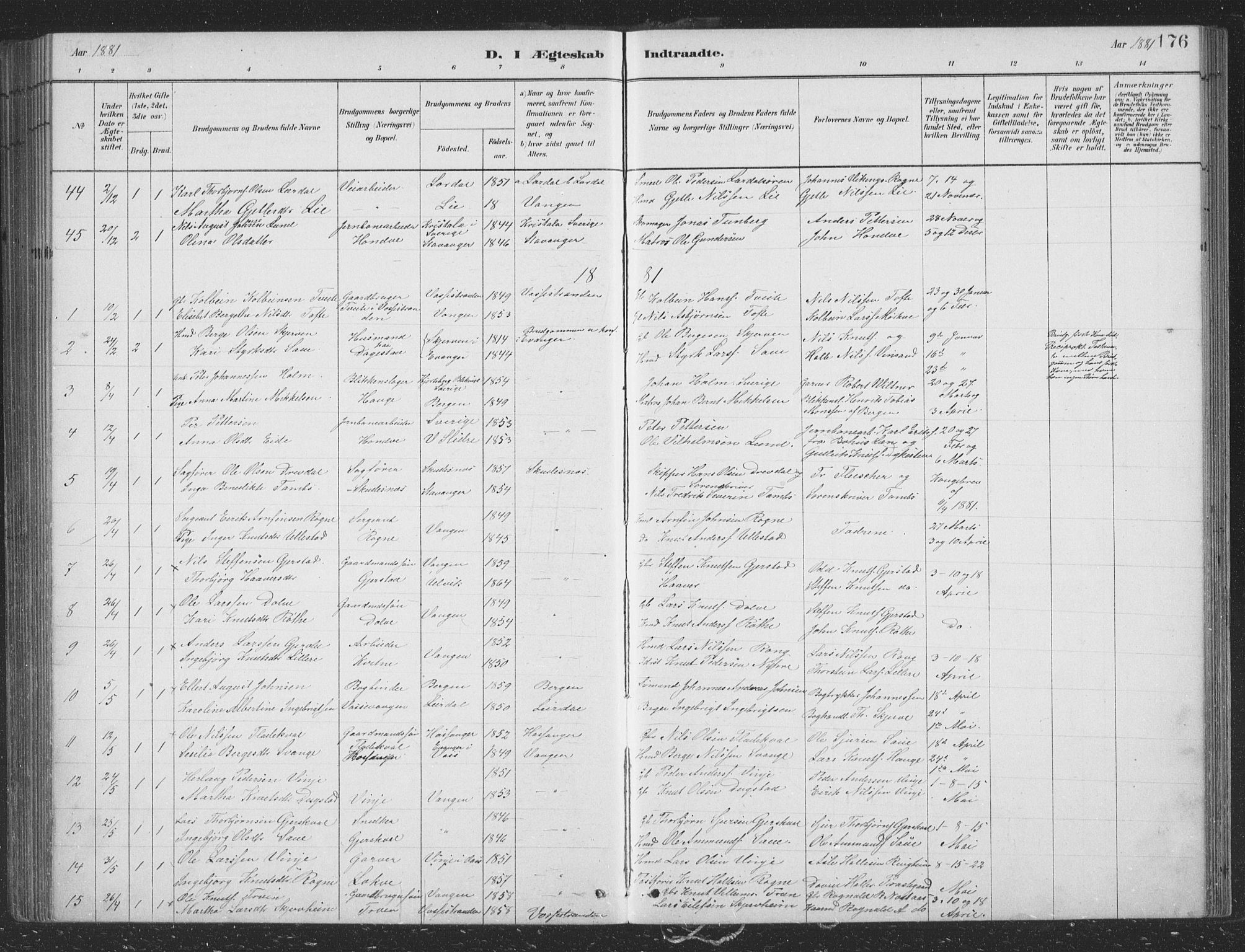Voss sokneprestembete, SAB/A-79001/H/Hab: Parish register (copy) no. B 3, 1879-1894, p. 176