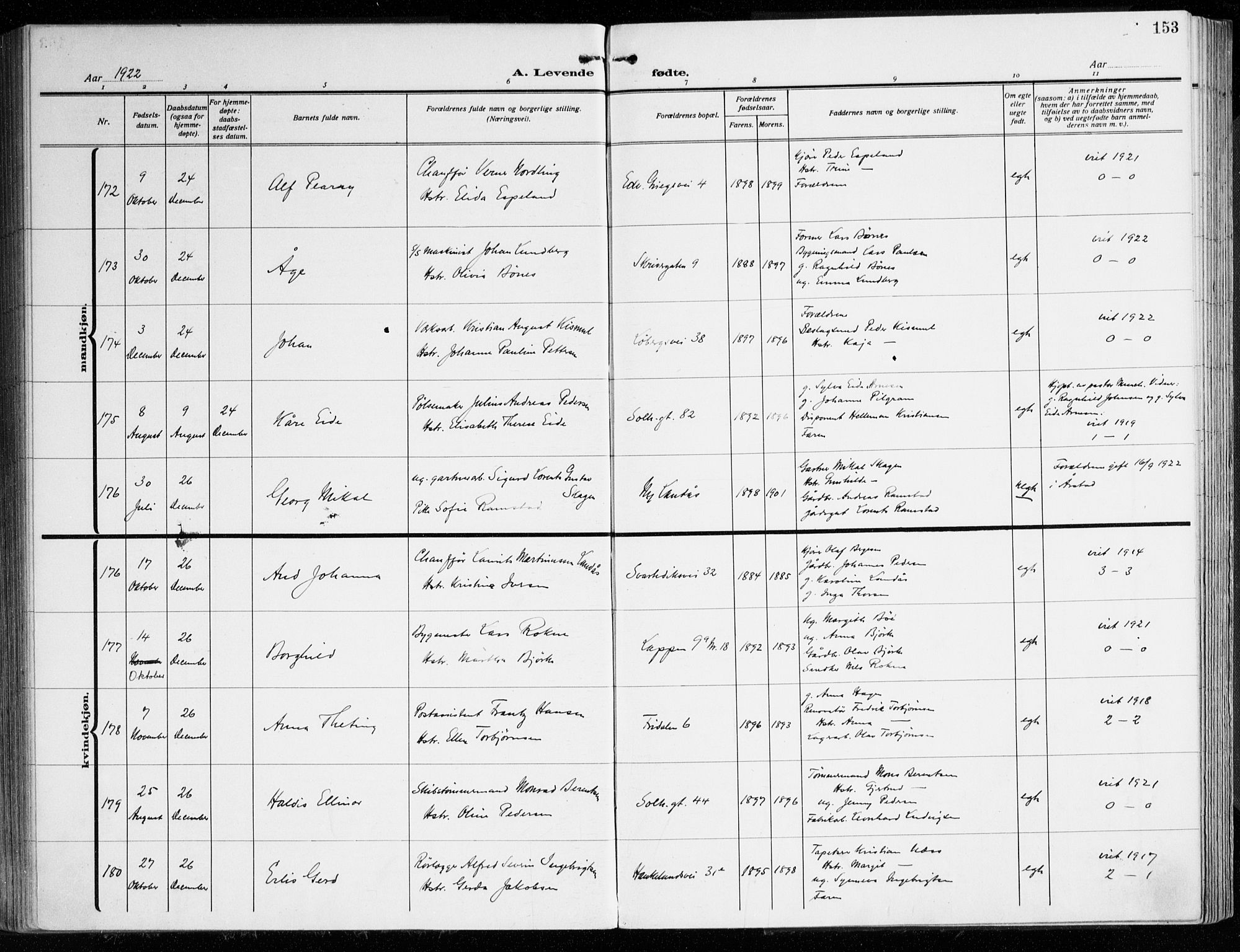 Årstad Sokneprestembete, AV/SAB-A-79301/H/Haa/L0004: Parish register (official) no. A 4, 1919-1928, p. 153