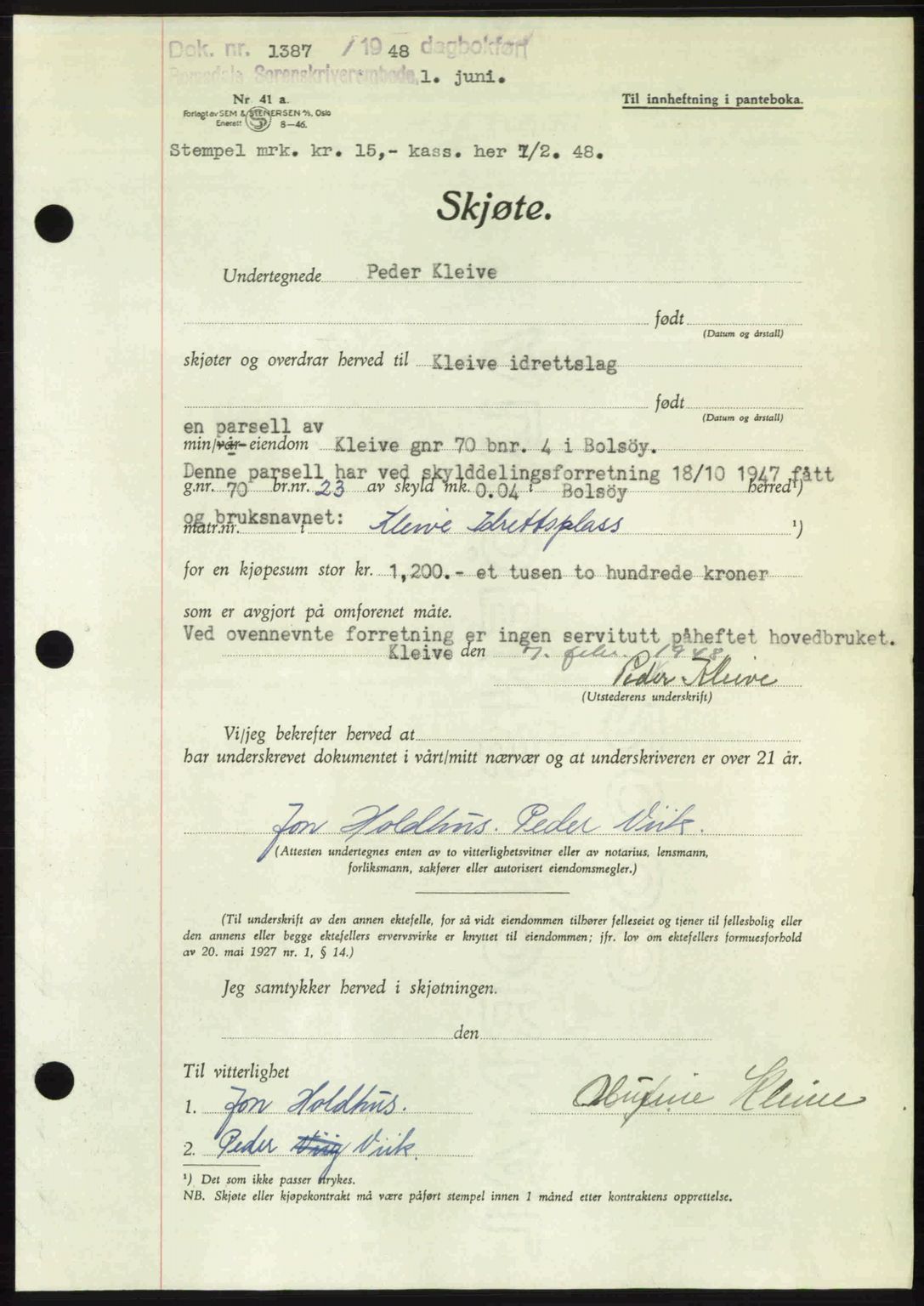 Romsdal sorenskriveri, AV/SAT-A-4149/1/2/2C: Mortgage book no. A26, 1948-1948, Diary no: : 1387/1948