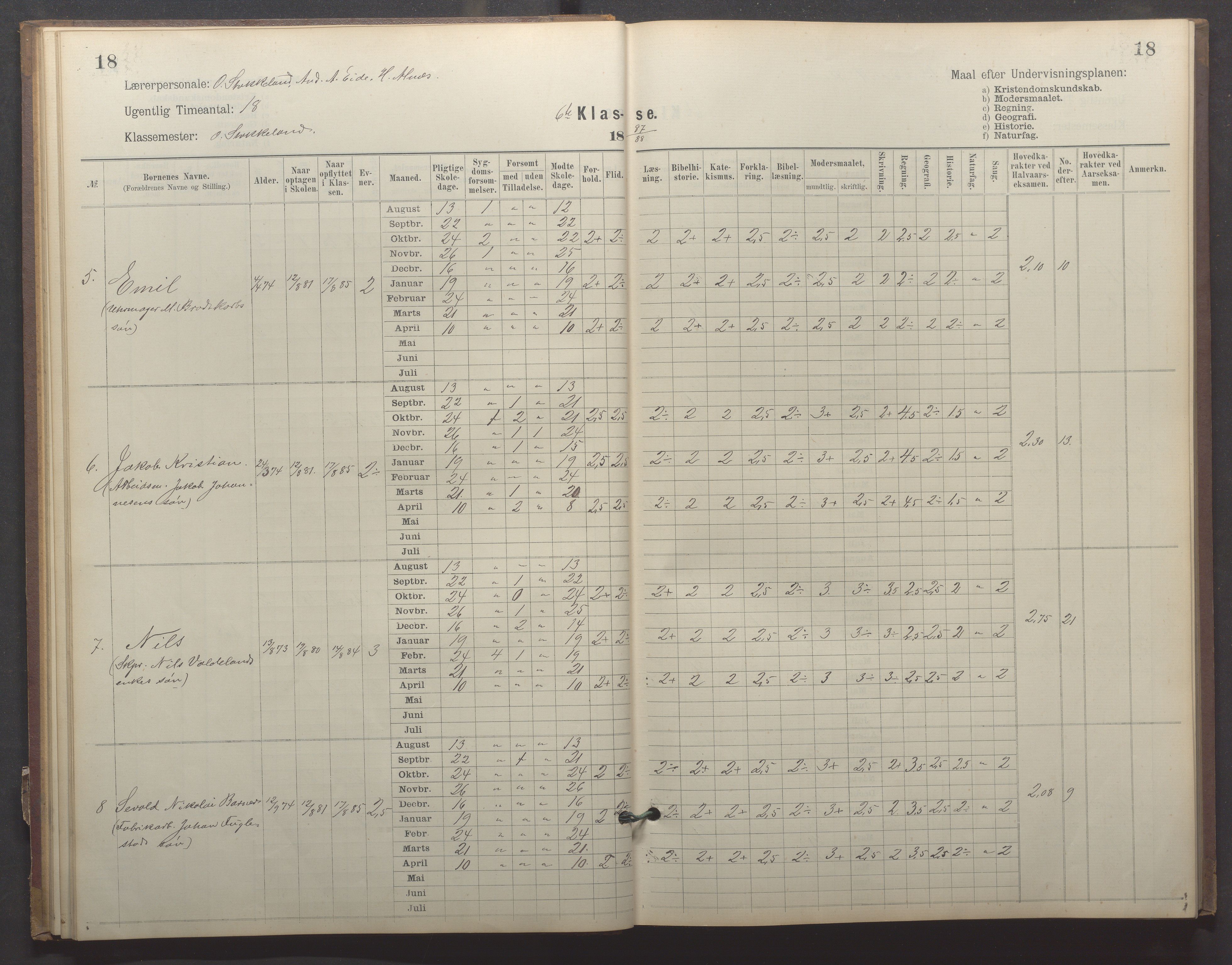 Egersund kommune (Ladested) - Egersund almueskole/folkeskole, IKAR/K-100521/H/L0023: Skoleprotokoll - Almueskolen, 6. klasse, 1886-1892, p. 18