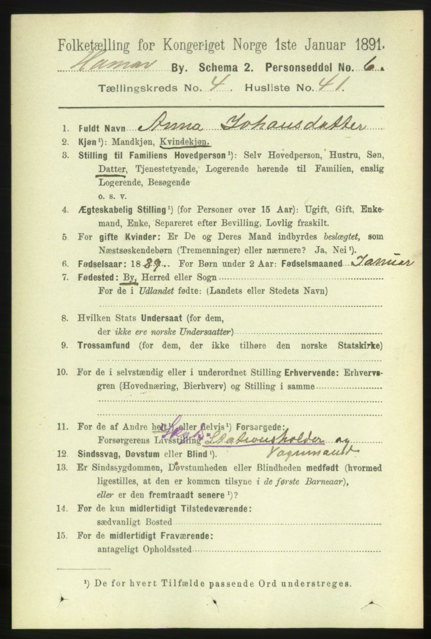 RA, 1891 census for 0401 Hamar, 1891, p. 3588