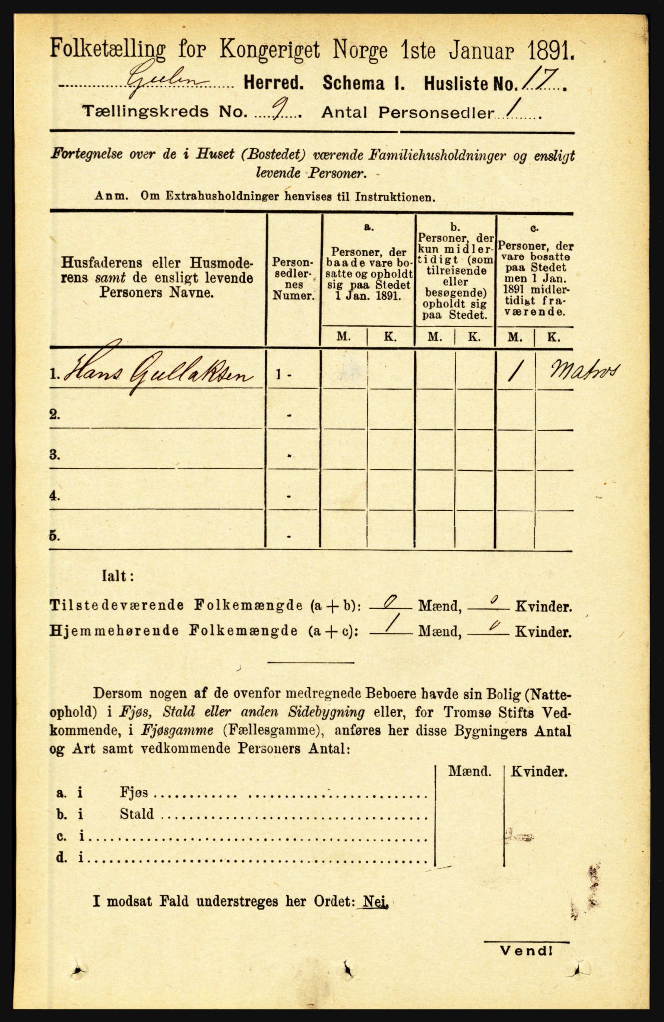 RA, 1891 census for 1411 Gulen, 1891, p. 2722