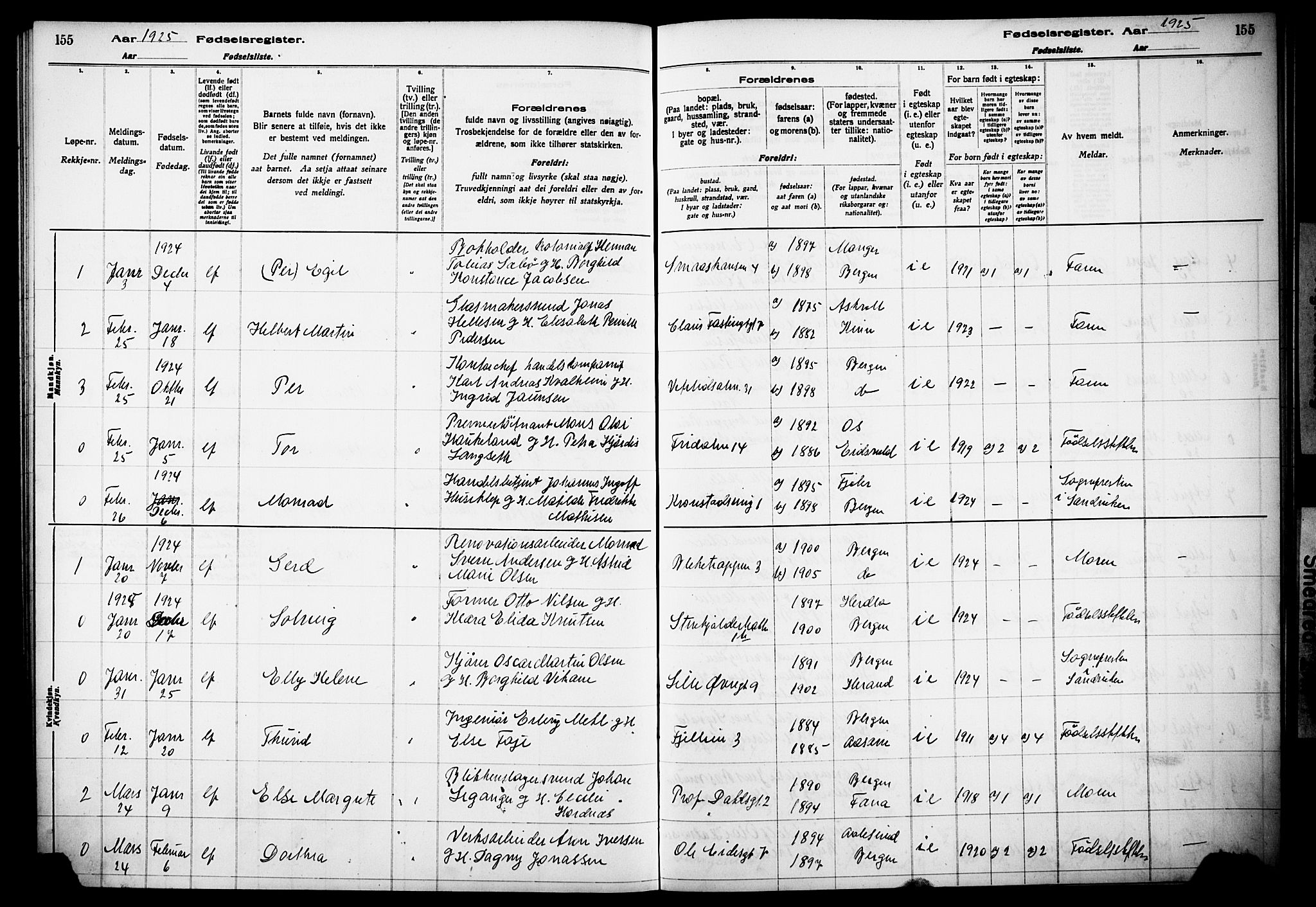 Korskirken sokneprestembete, SAB/A-76101/I/Id/L00A1: Birth register no. A 1, 1916-1929, p. 155