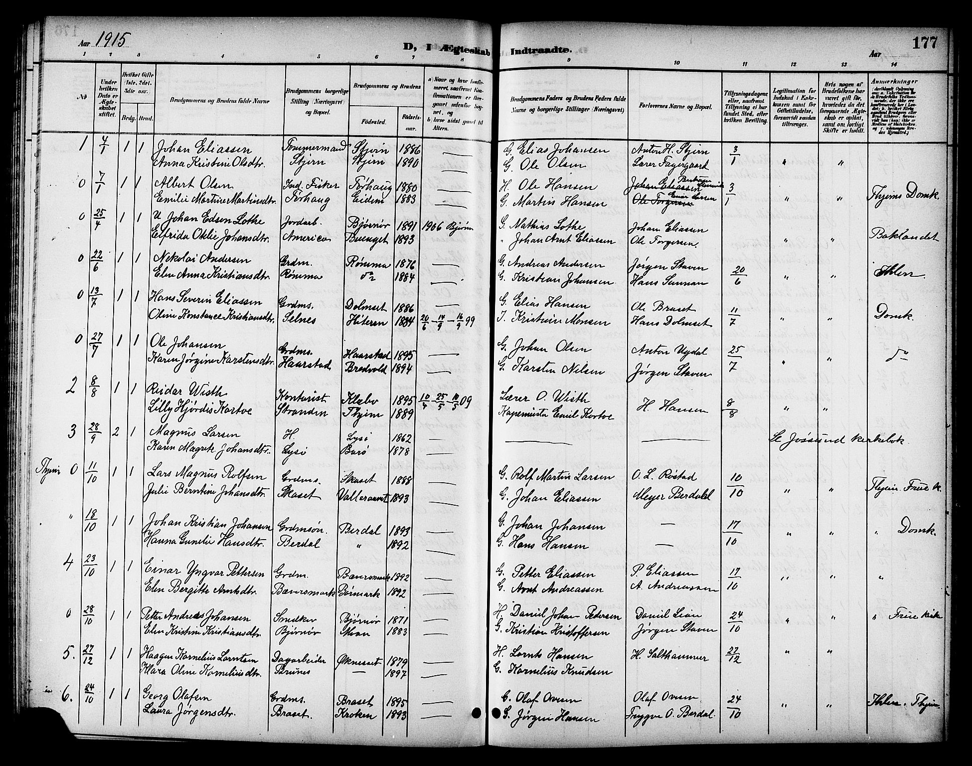 Ministerialprotokoller, klokkerbøker og fødselsregistre - Sør-Trøndelag, SAT/A-1456/655/L0688: Parish register (copy) no. 655C04, 1899-1922, p. 177