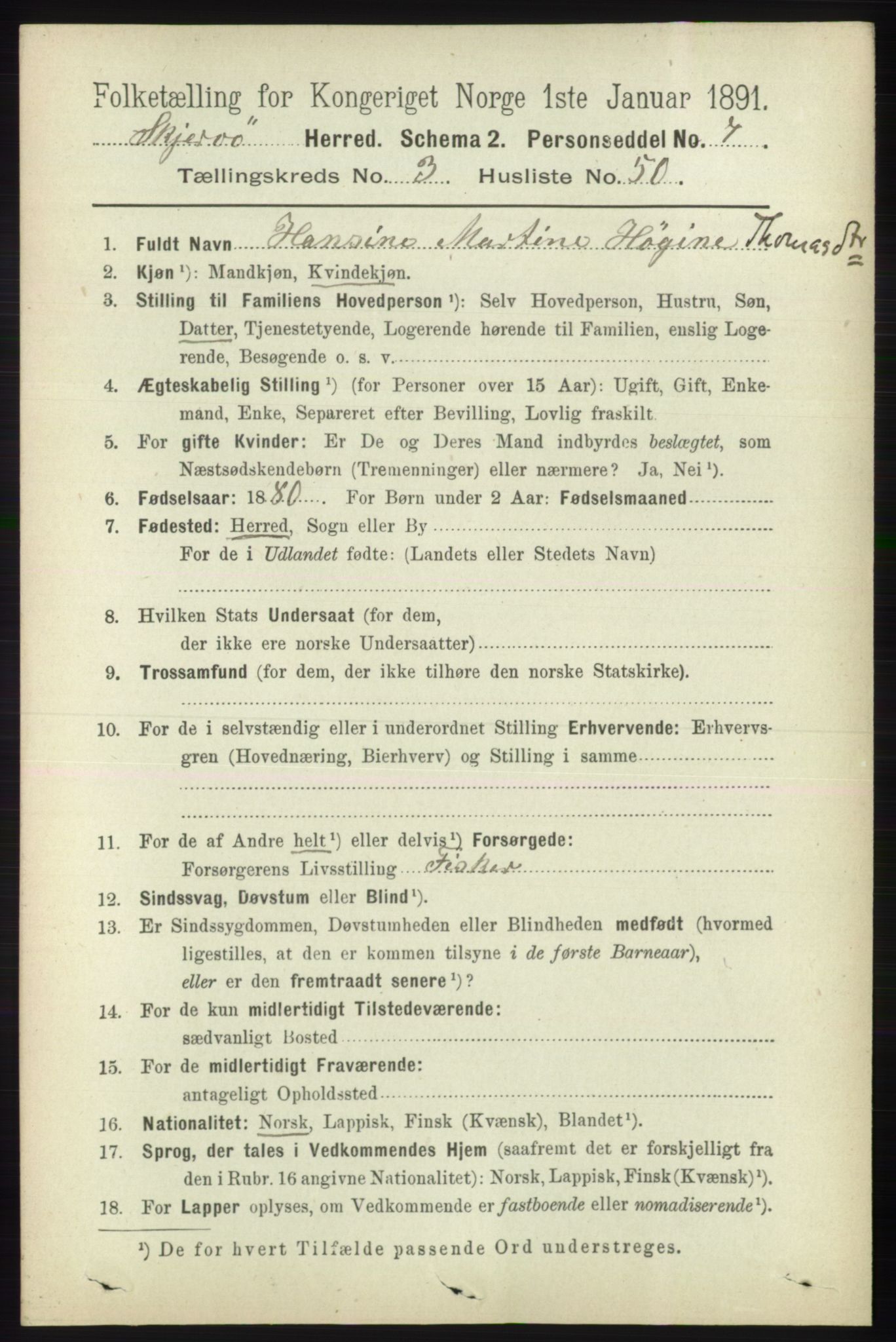 RA, 1891 census for 1941 Skjervøy, 1891, p. 2213