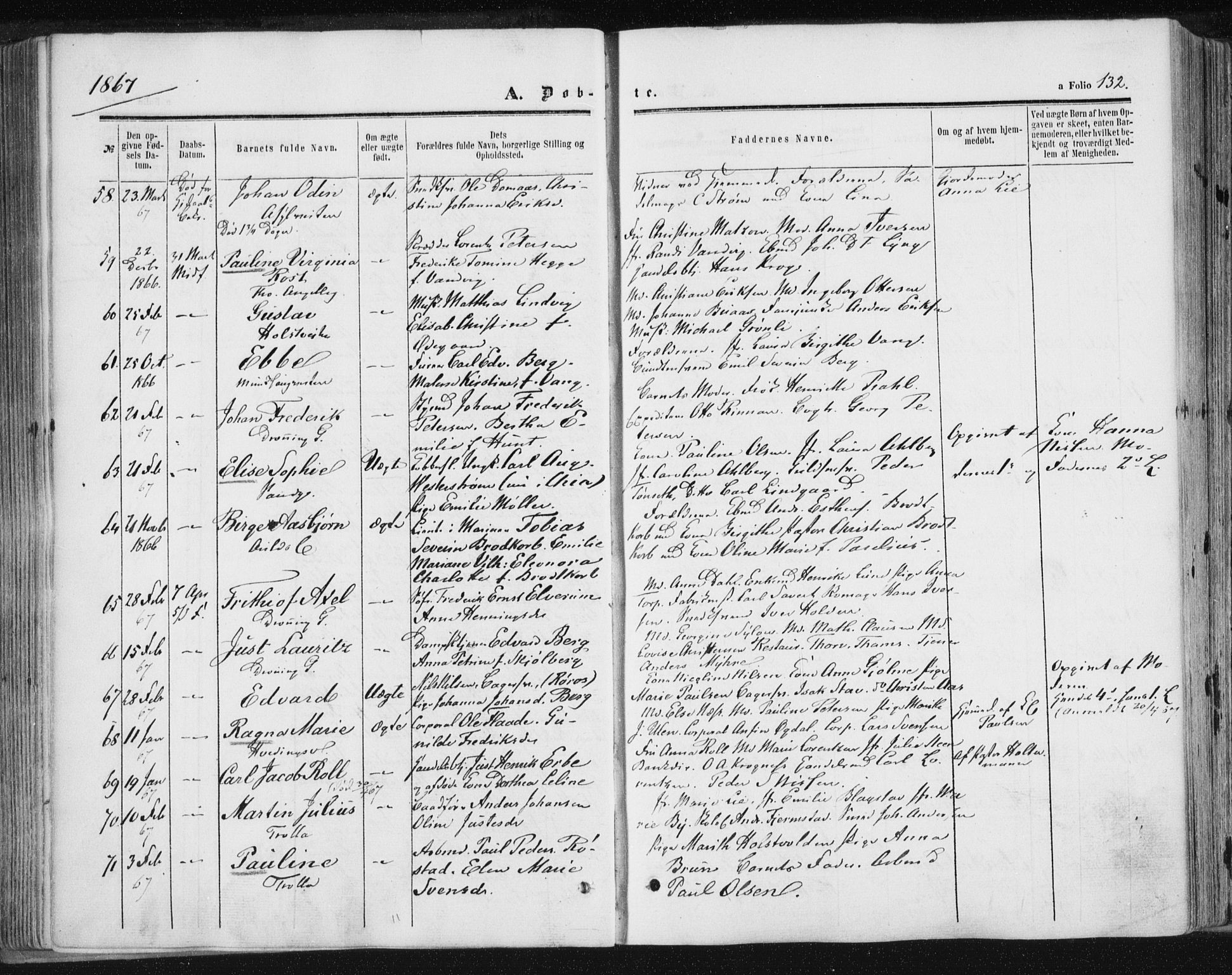 Ministerialprotokoller, klokkerbøker og fødselsregistre - Sør-Trøndelag, AV/SAT-A-1456/602/L0115: Parish register (official) no. 602A13, 1860-1872, p. 132